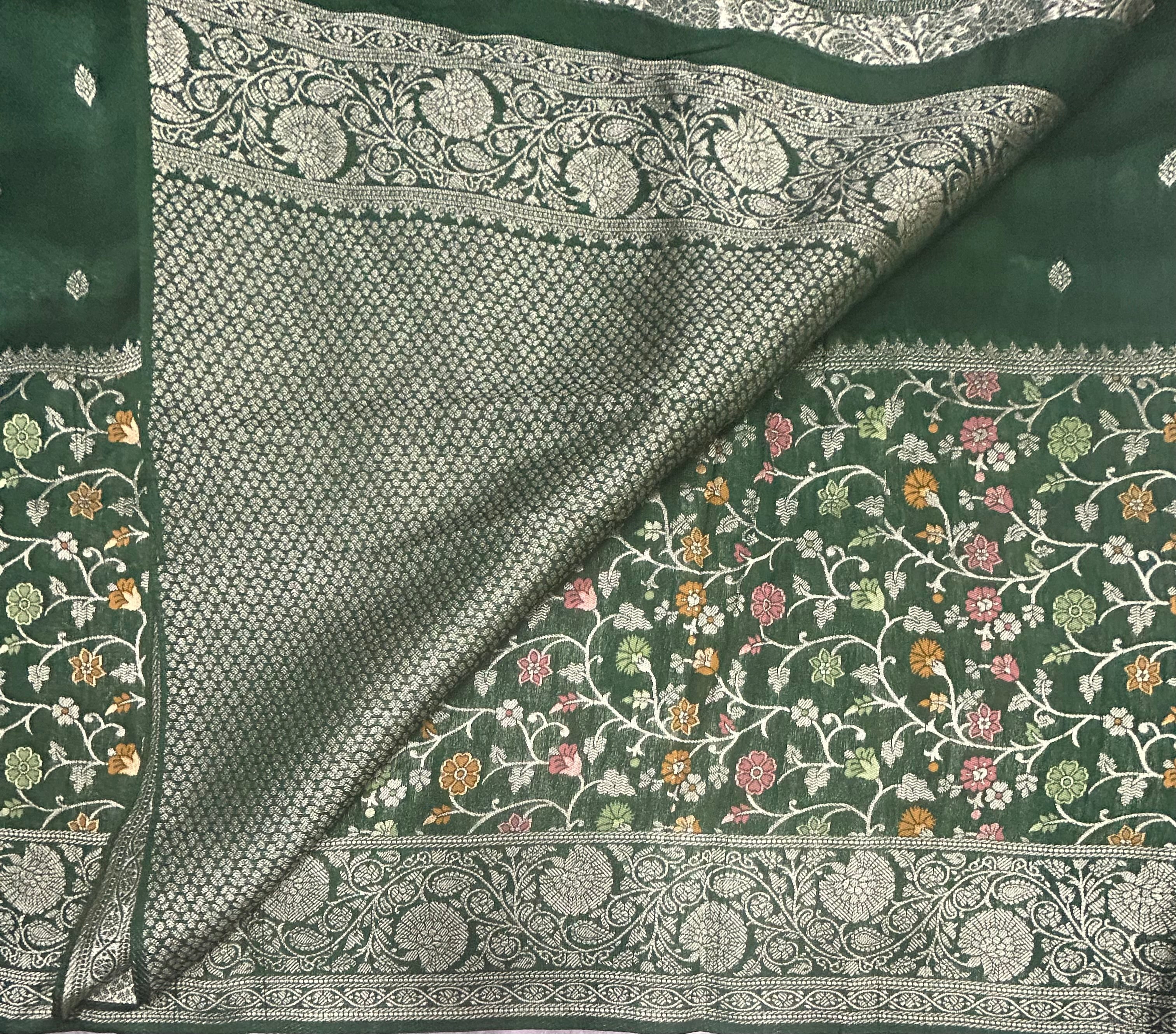 Bottle green Meena work Border soft Tussar crêpe Saree