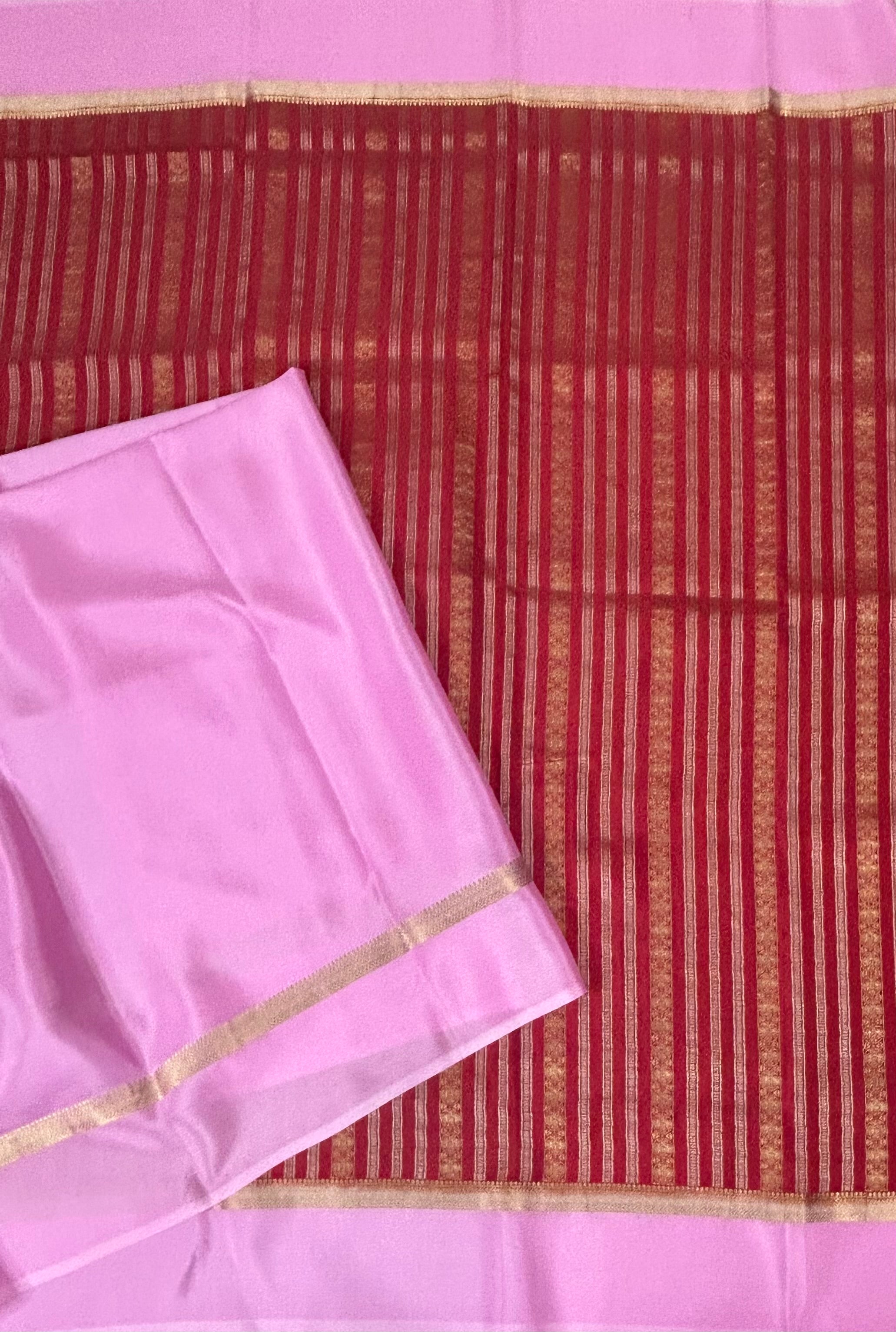 Red n light pink stripes  contrast pure mysore silk-102 saree