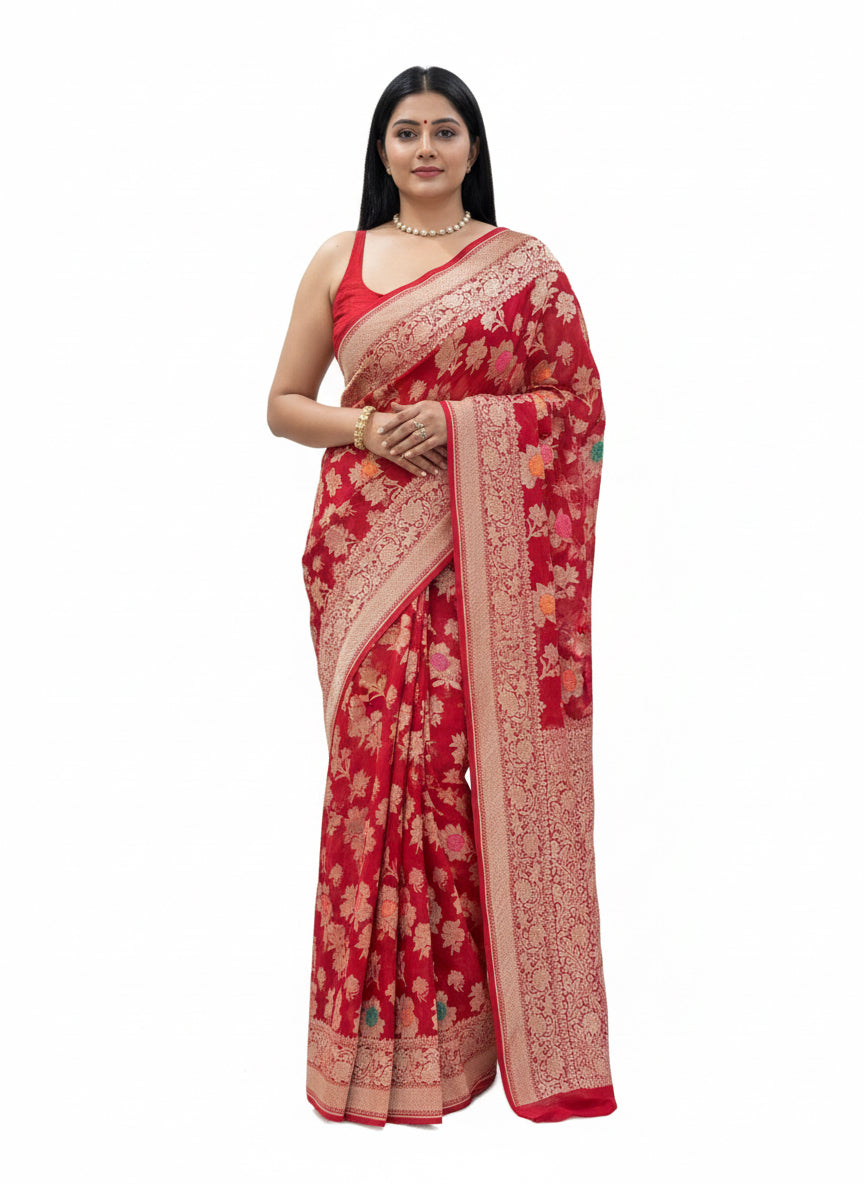 Red velvet embossed pure georgette-12 saree