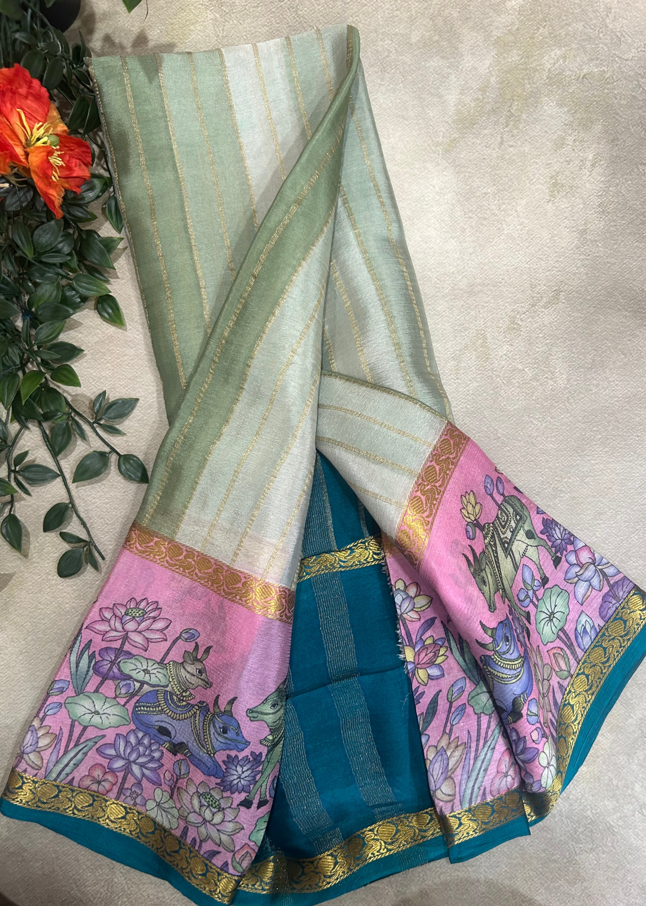 Rankart kalamkari border pure wrinkle 103 crepe silk saree