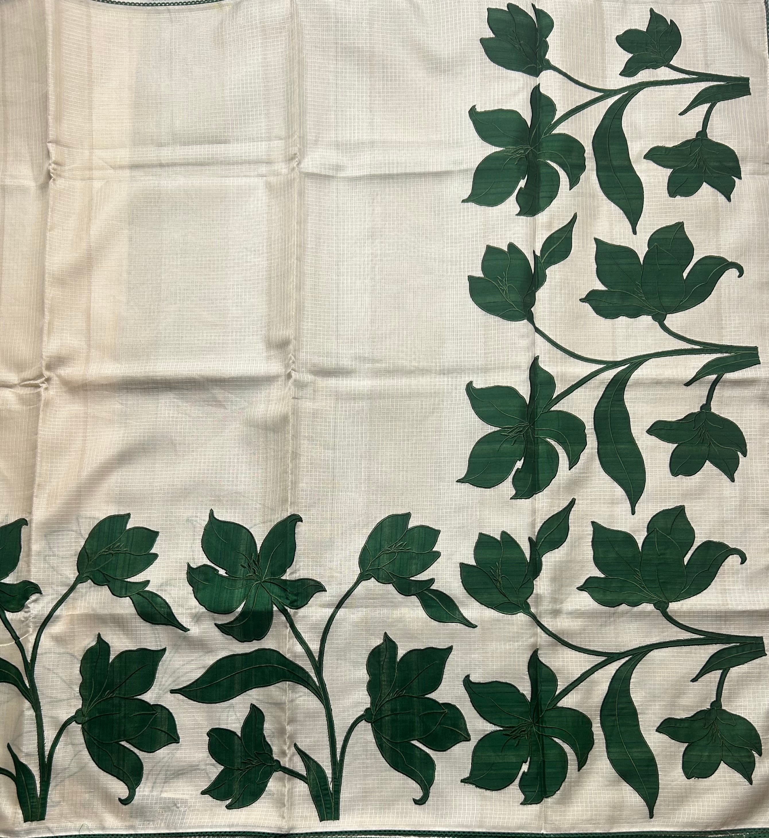 Cream n bottle green kota checks Appliqué work saree