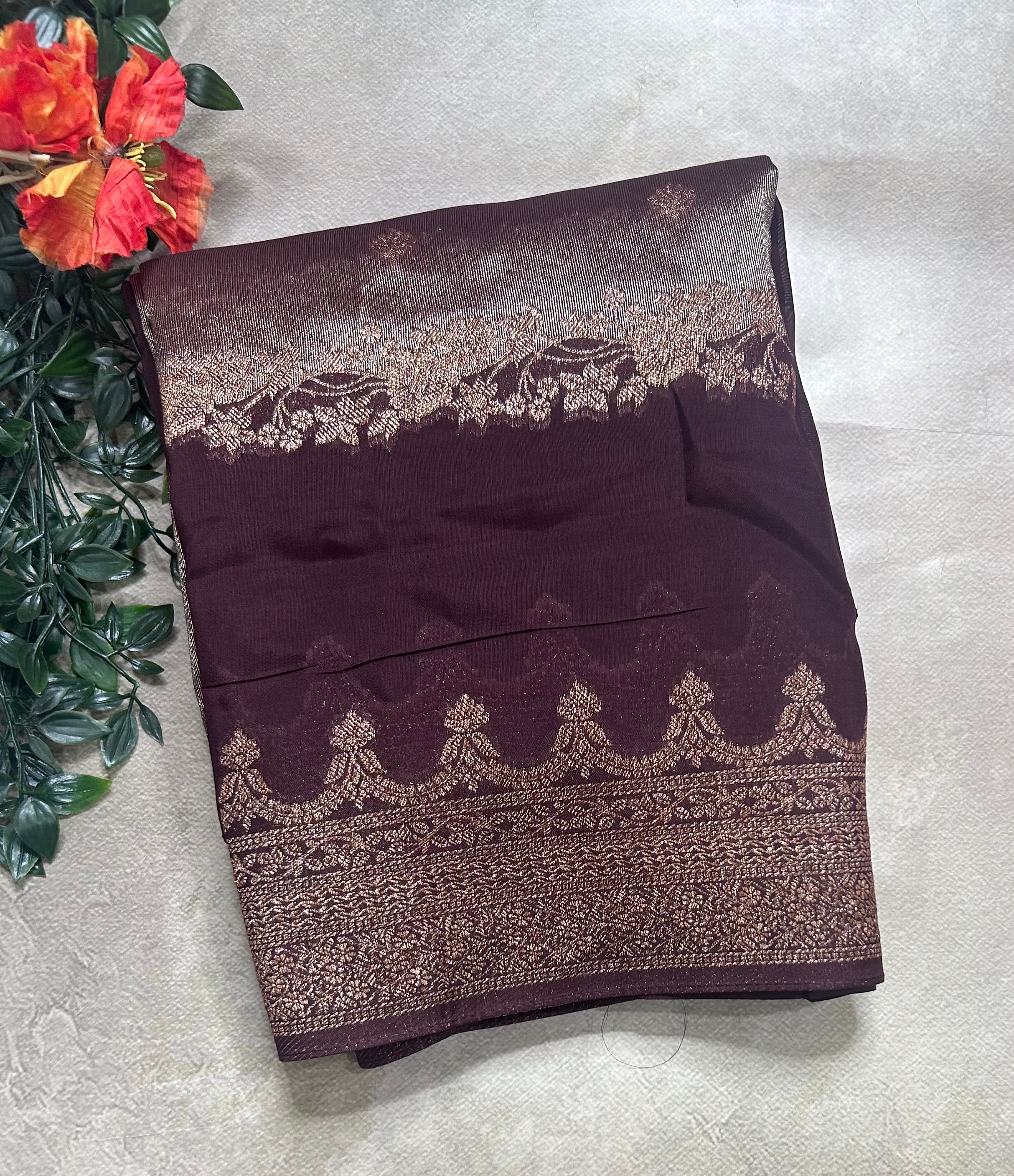 Dark brown brocade tussar georgette  crepe 106 silk saree
