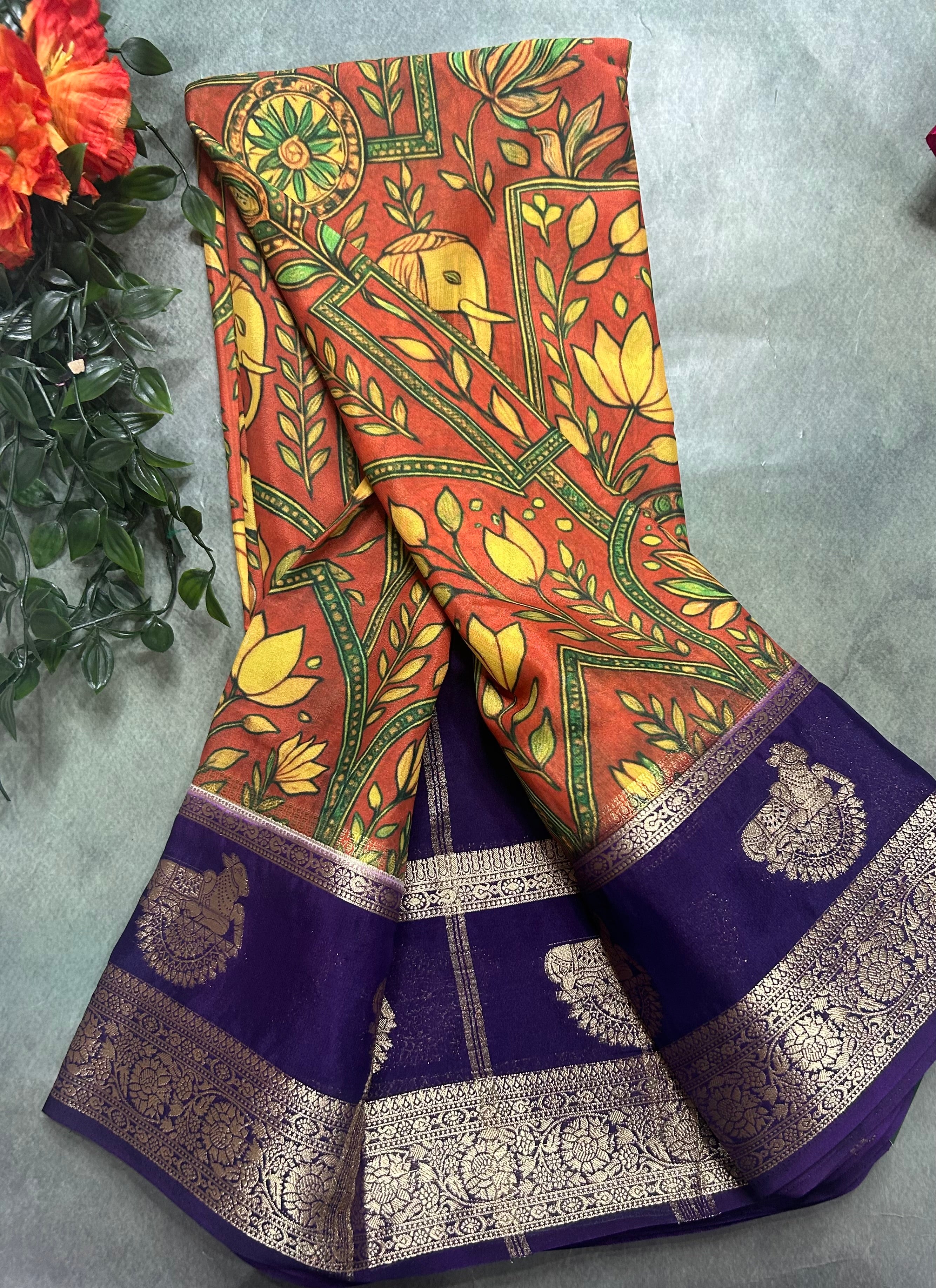 Multicolour bentex border printed semi Mysore 105 saree