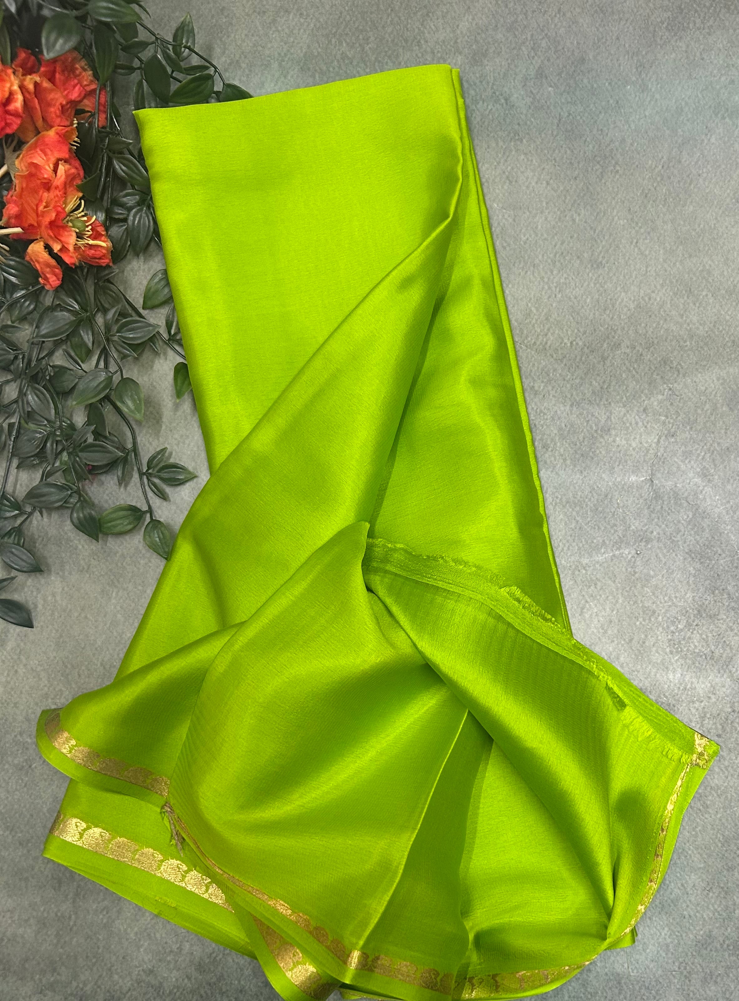 Parrot green pure Mysore crepe silk saree