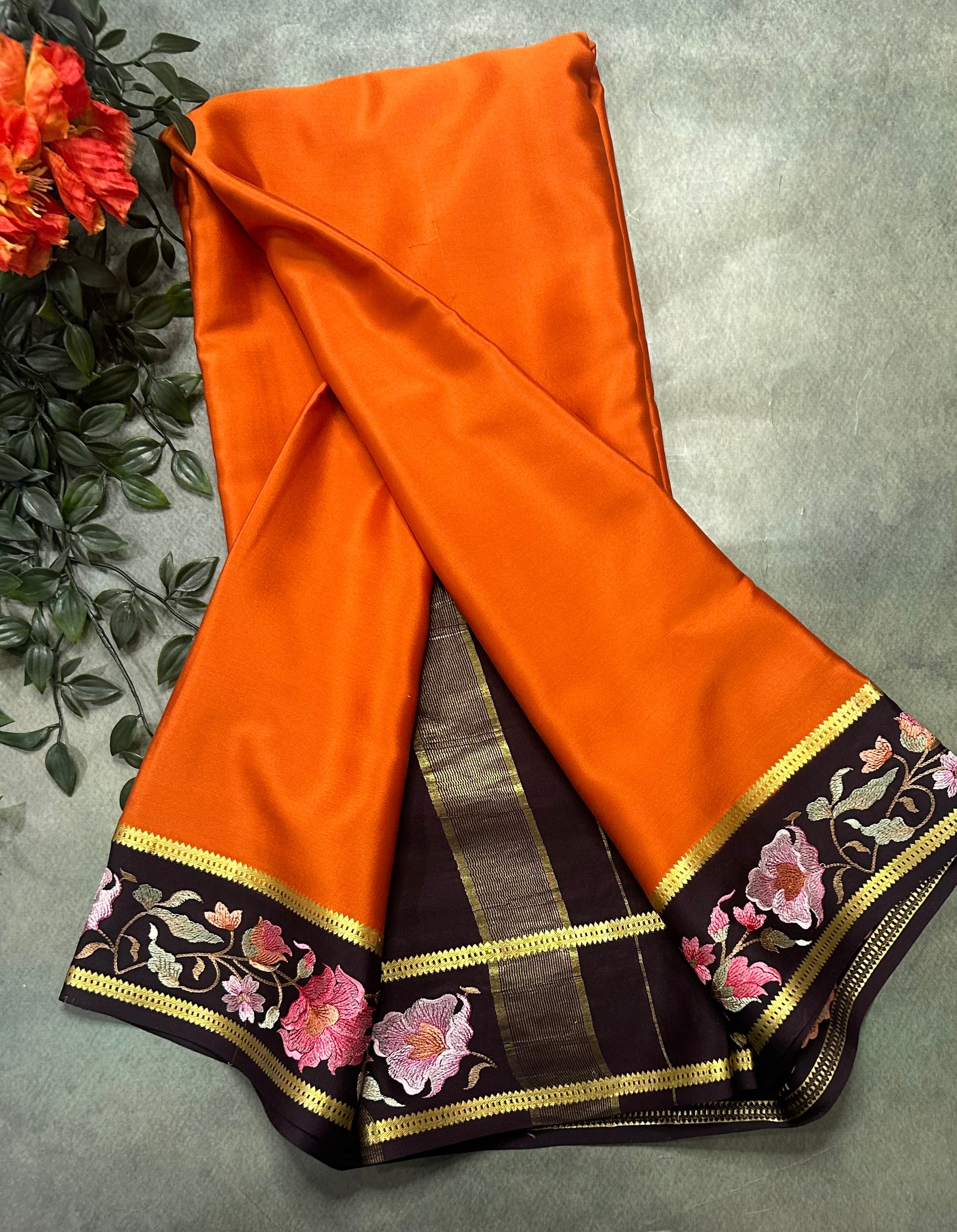 Rust orange embroidery border contrast pure mysore silk saree EMS107