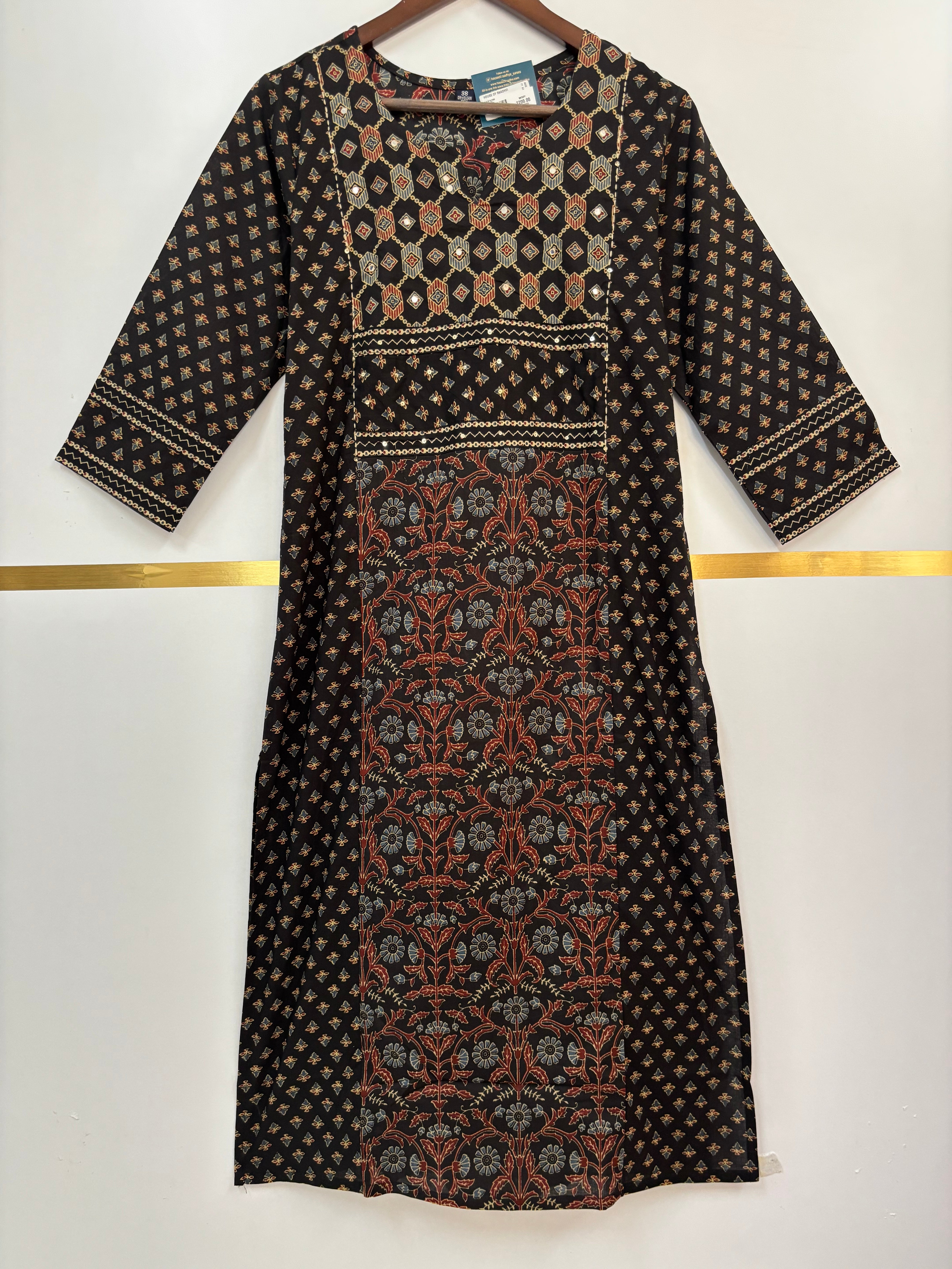 Black Cotton Block Print Straight Fit Kurtha 252