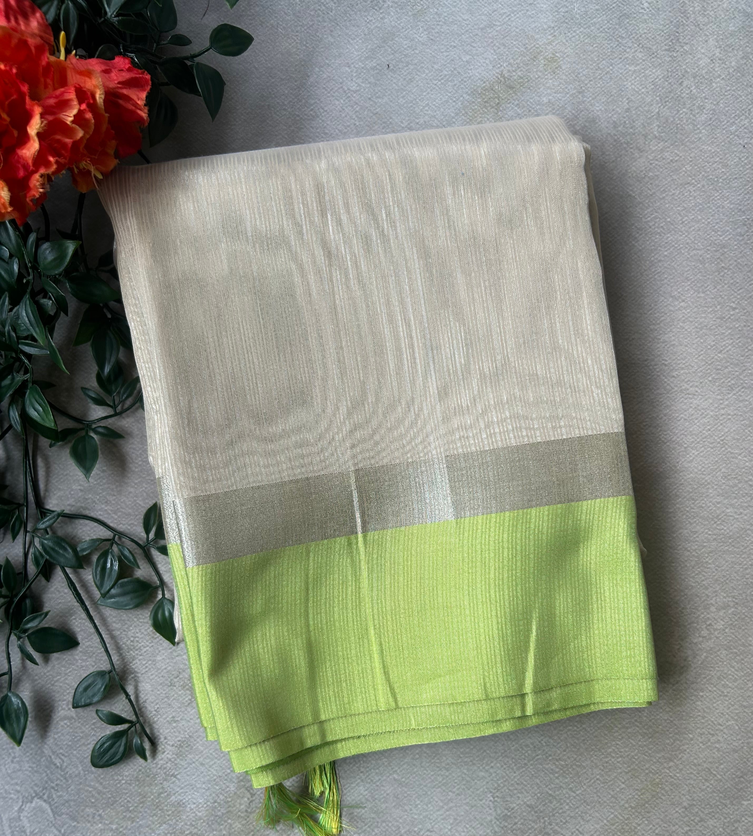 Ivory contrast border semi tissue saree