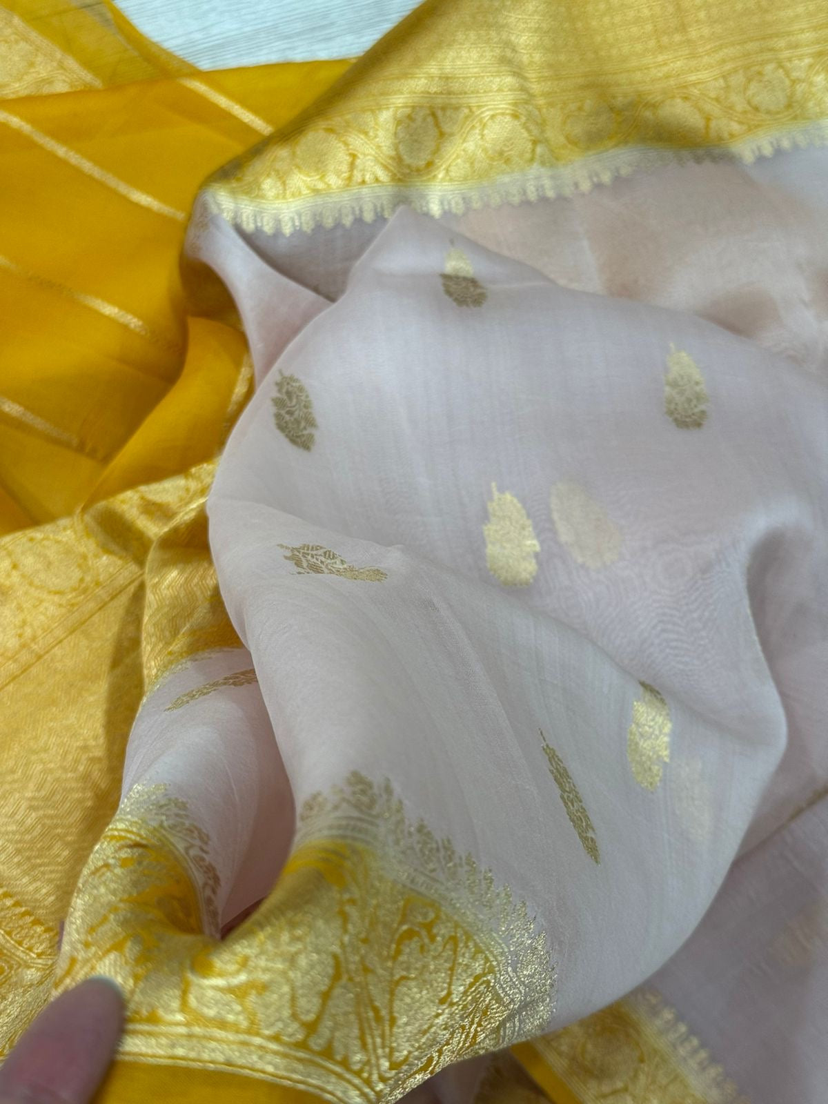 Peach n yellow pure kora organza 12 saree