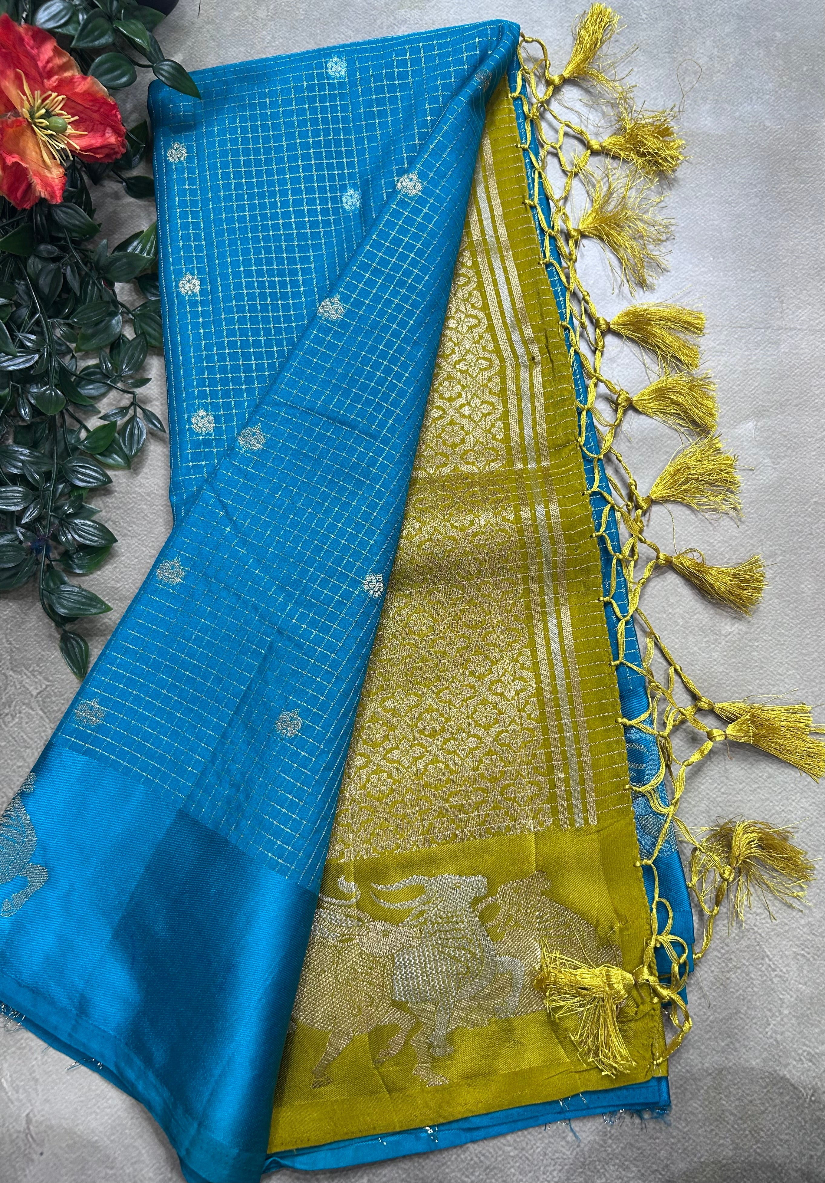 Blue small checks semi Mysore crepe 106 saree