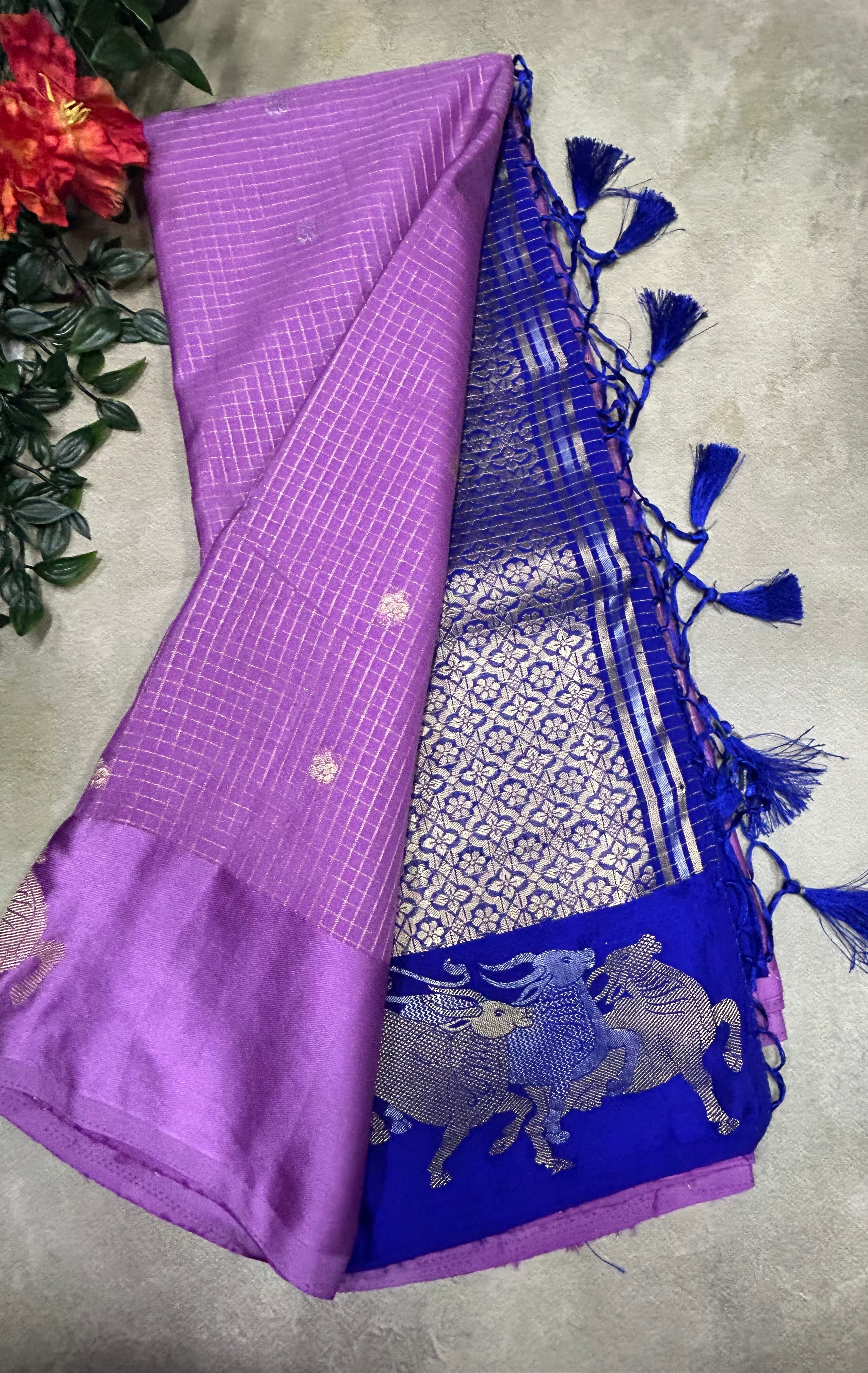 Light purple small checks semi Mysore crepe saree(SMC106)