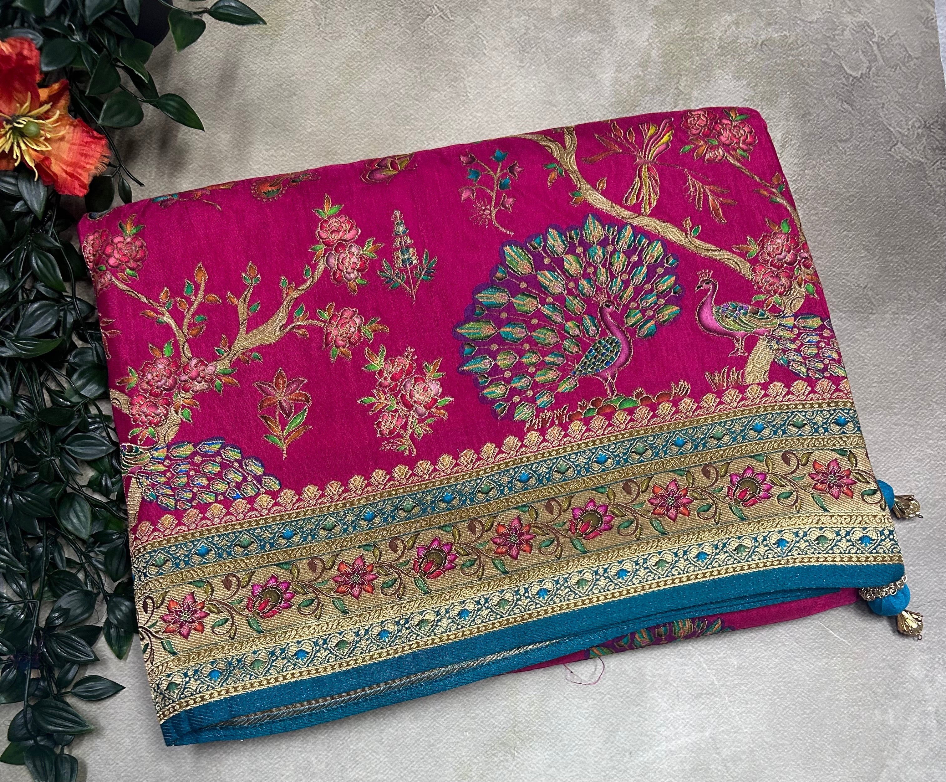Rani pink pashmina satin silk crepe 106 saree