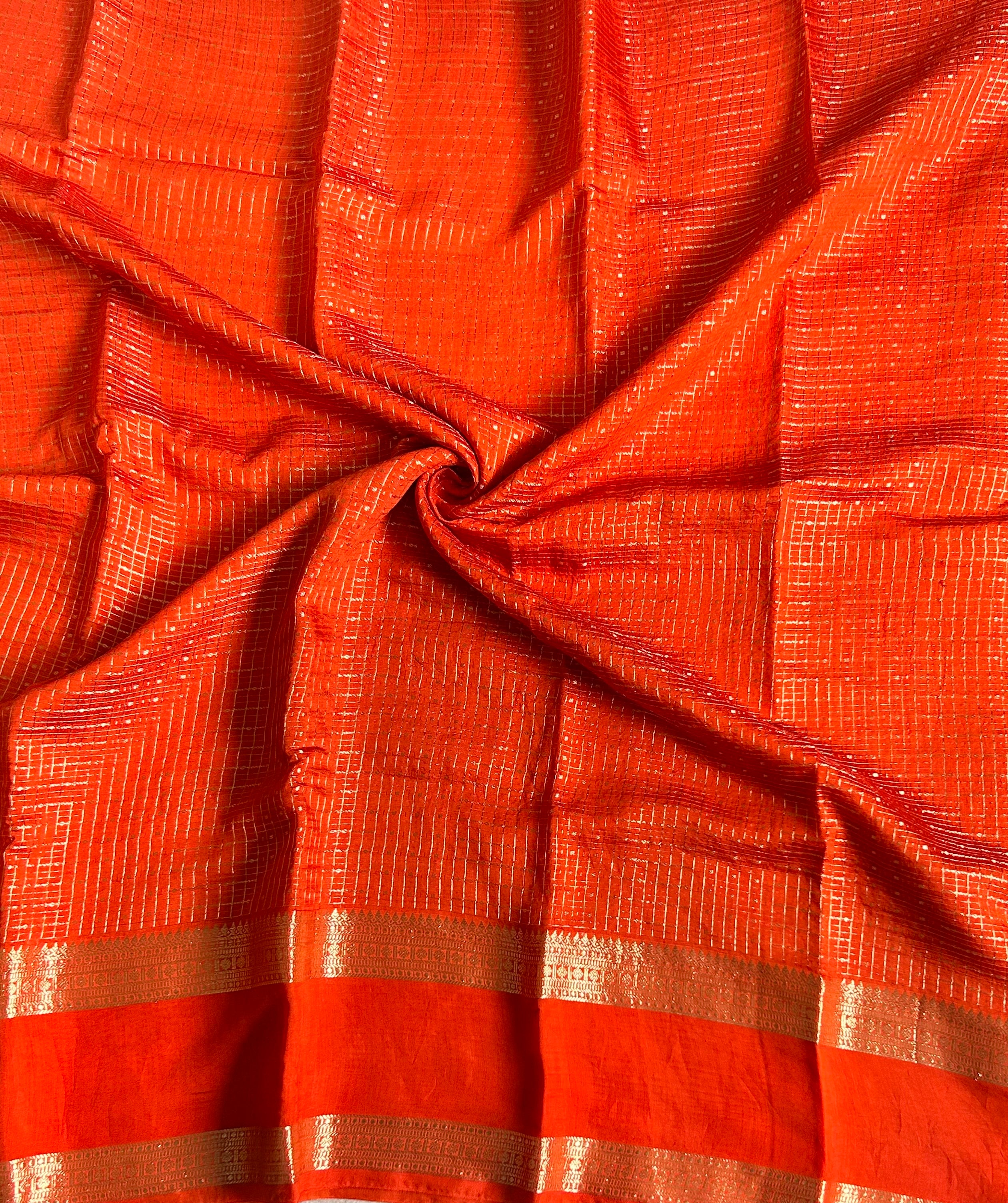 Orange small checks soft Tussar 03 crepe saree