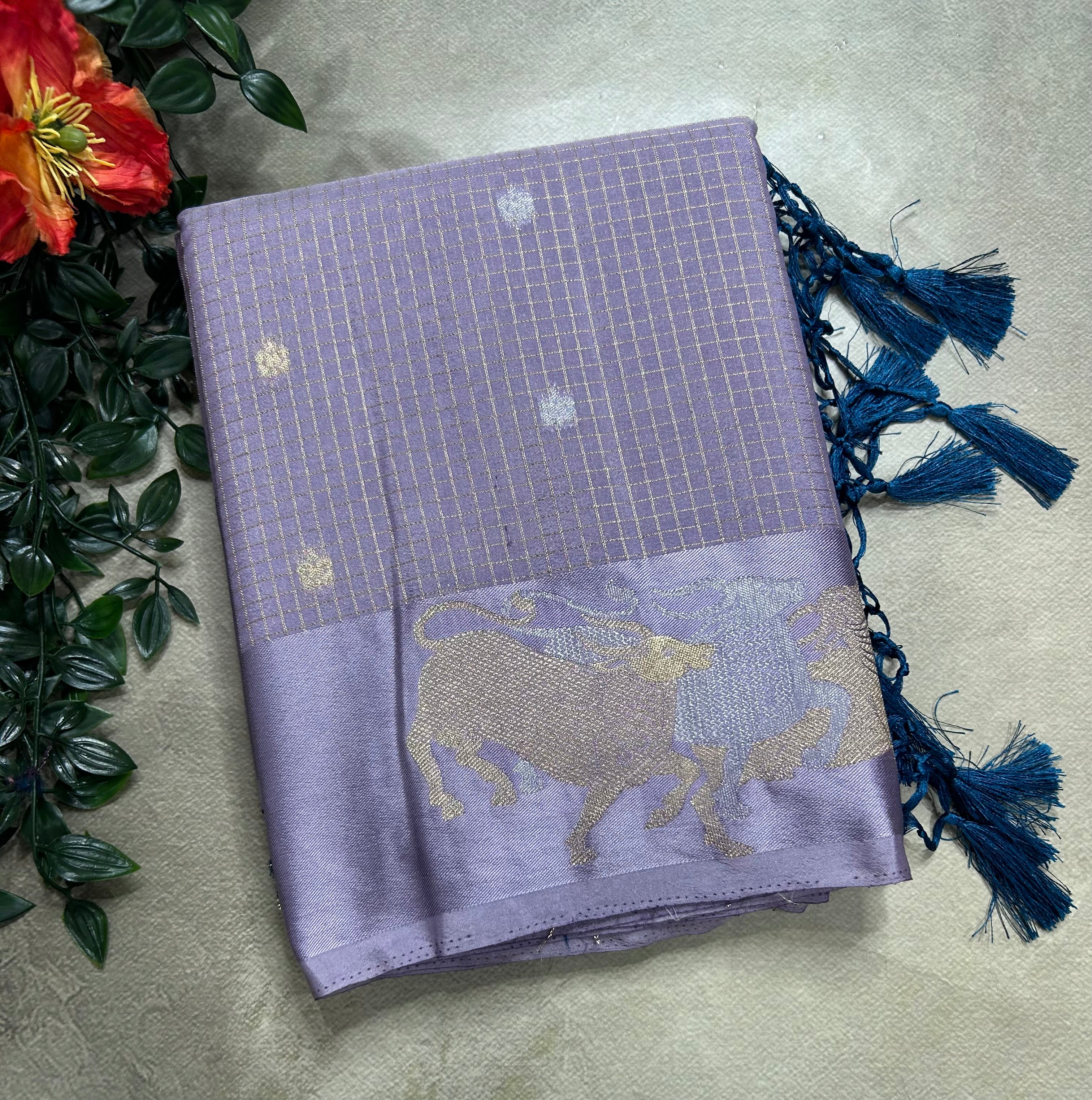 Pastel purple small checks semi Mysore crepe 106 saree