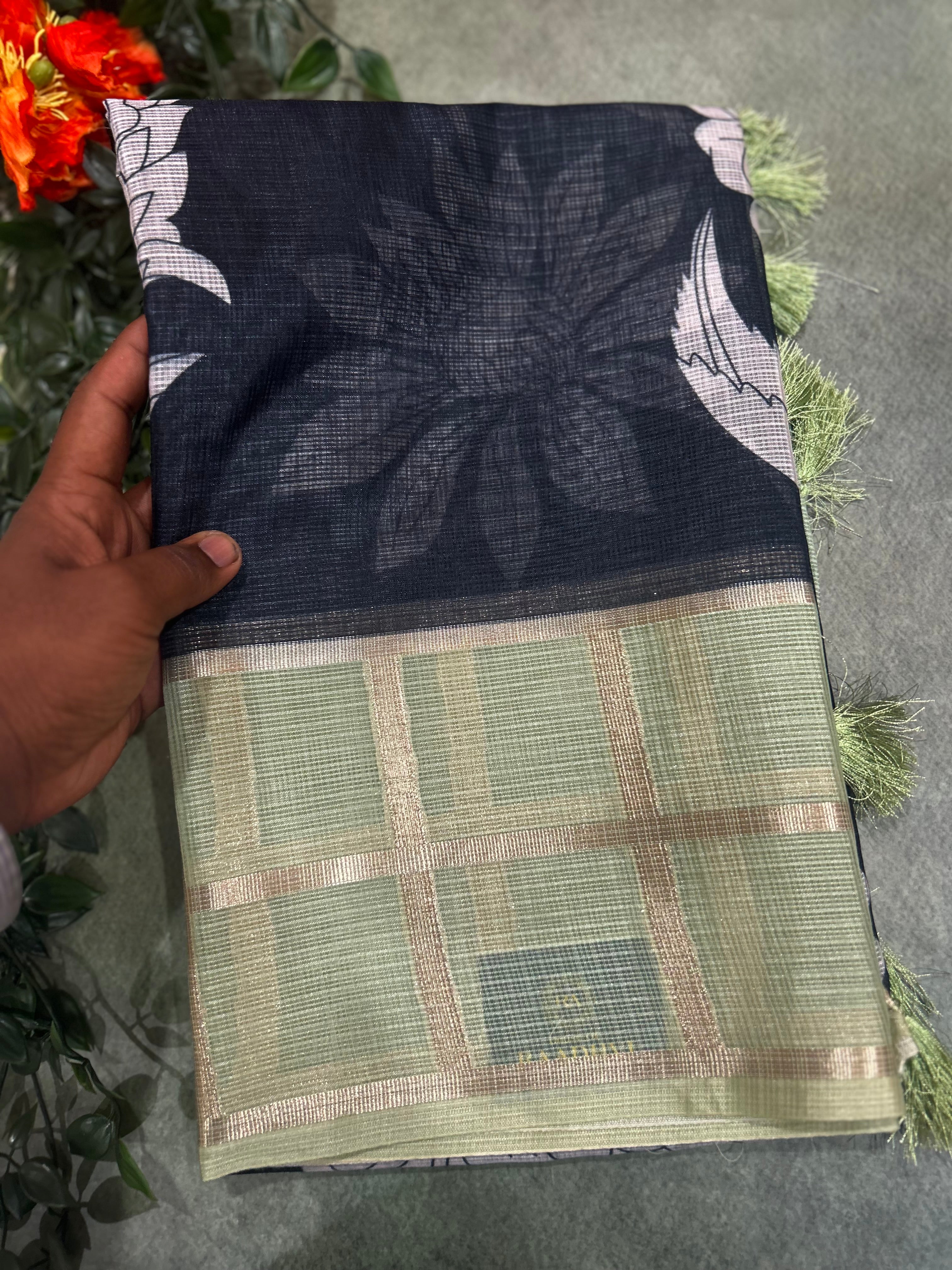 Black n pastel green Kota checks 103 saree