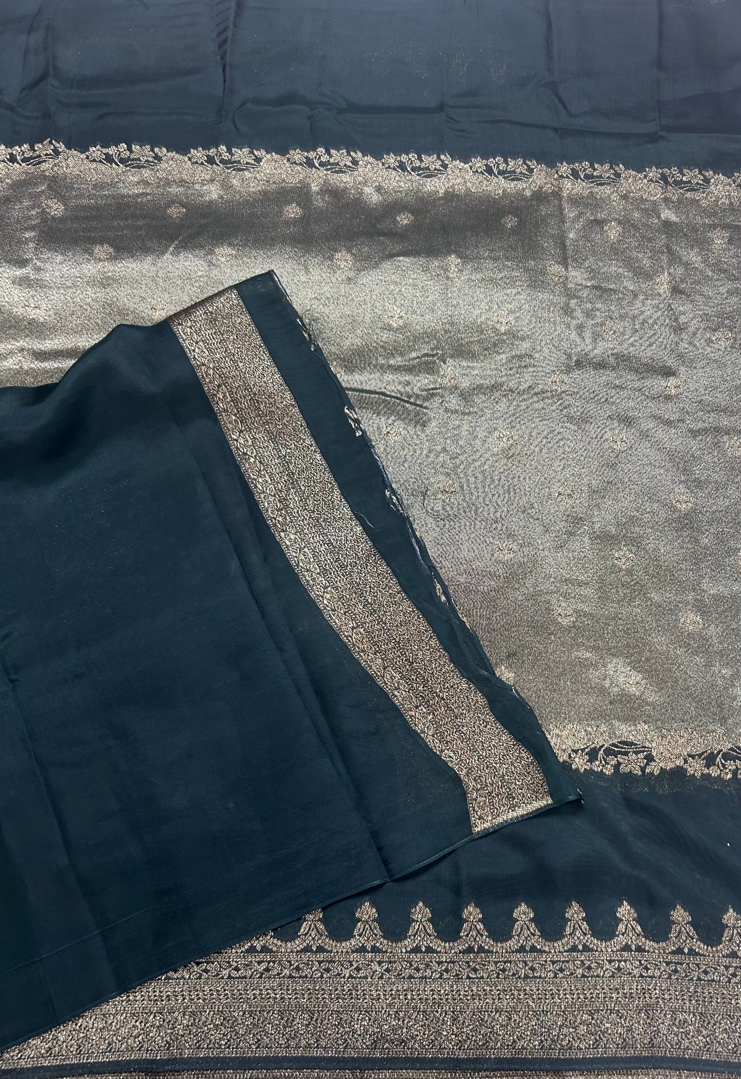 Dark bottle green brocade tussar georgette crepe 106 silk saree