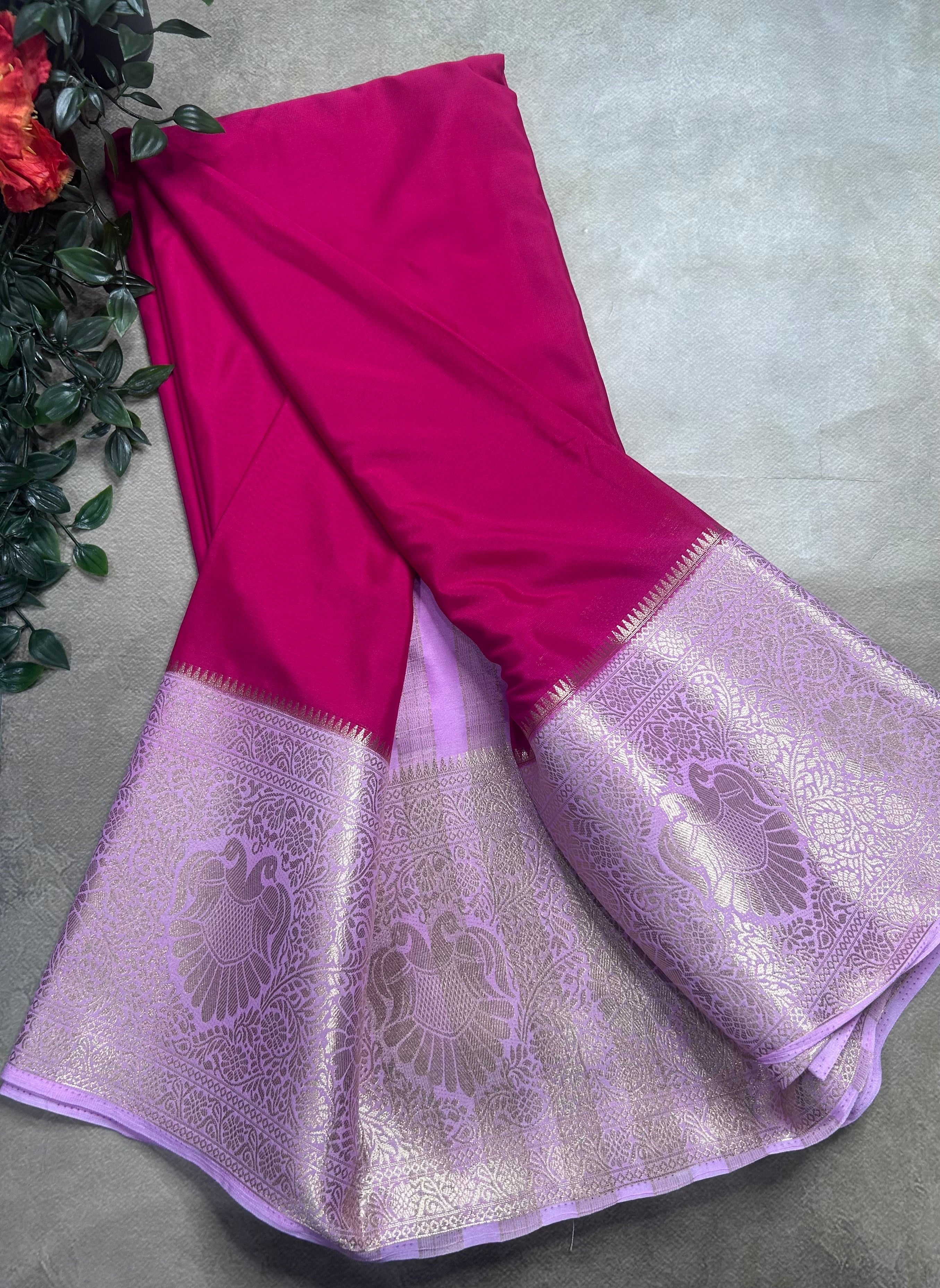 Rani pink contrast long border soft semi Mysore crepe 106 saree