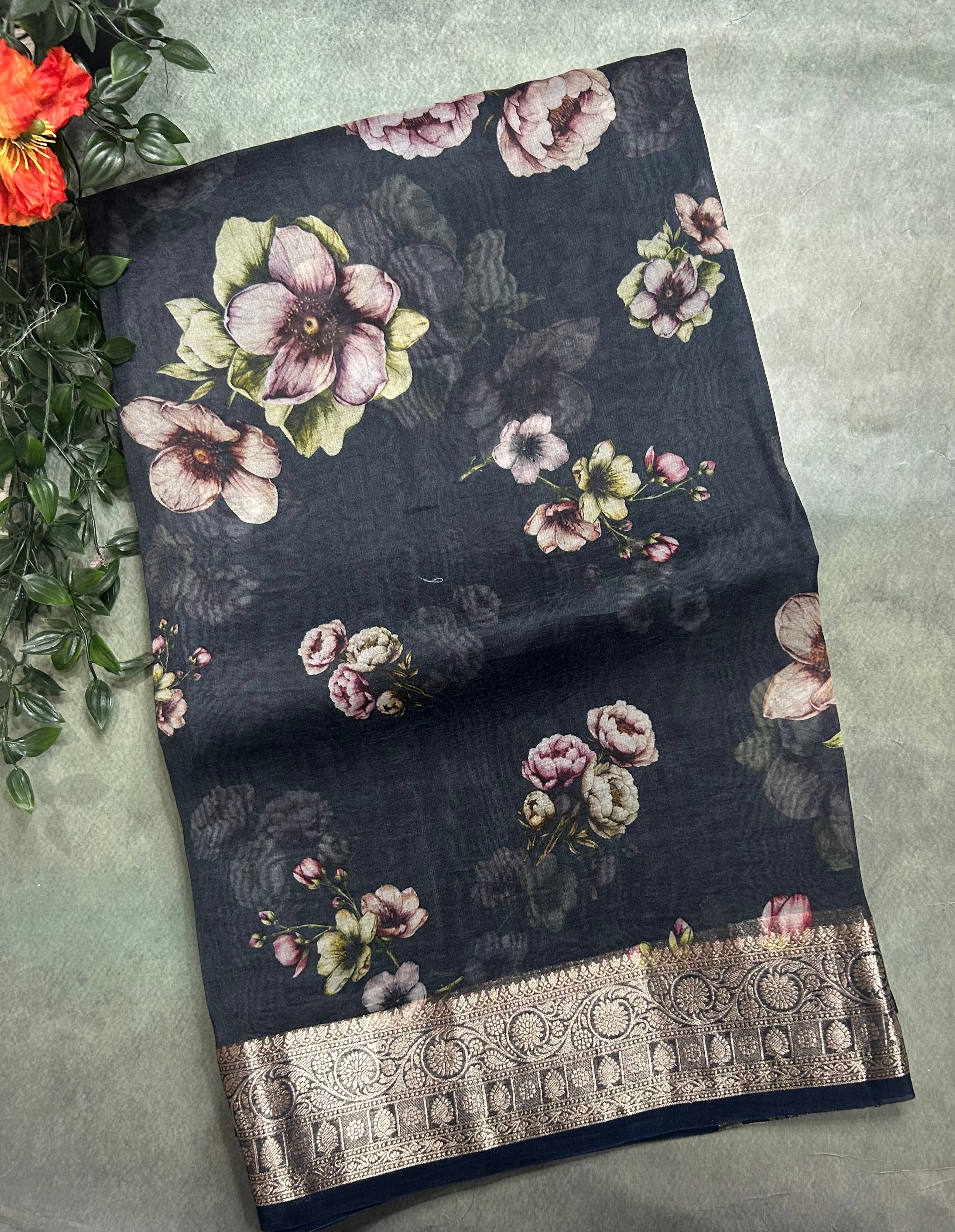 Black printed pure kora organza 105 saree