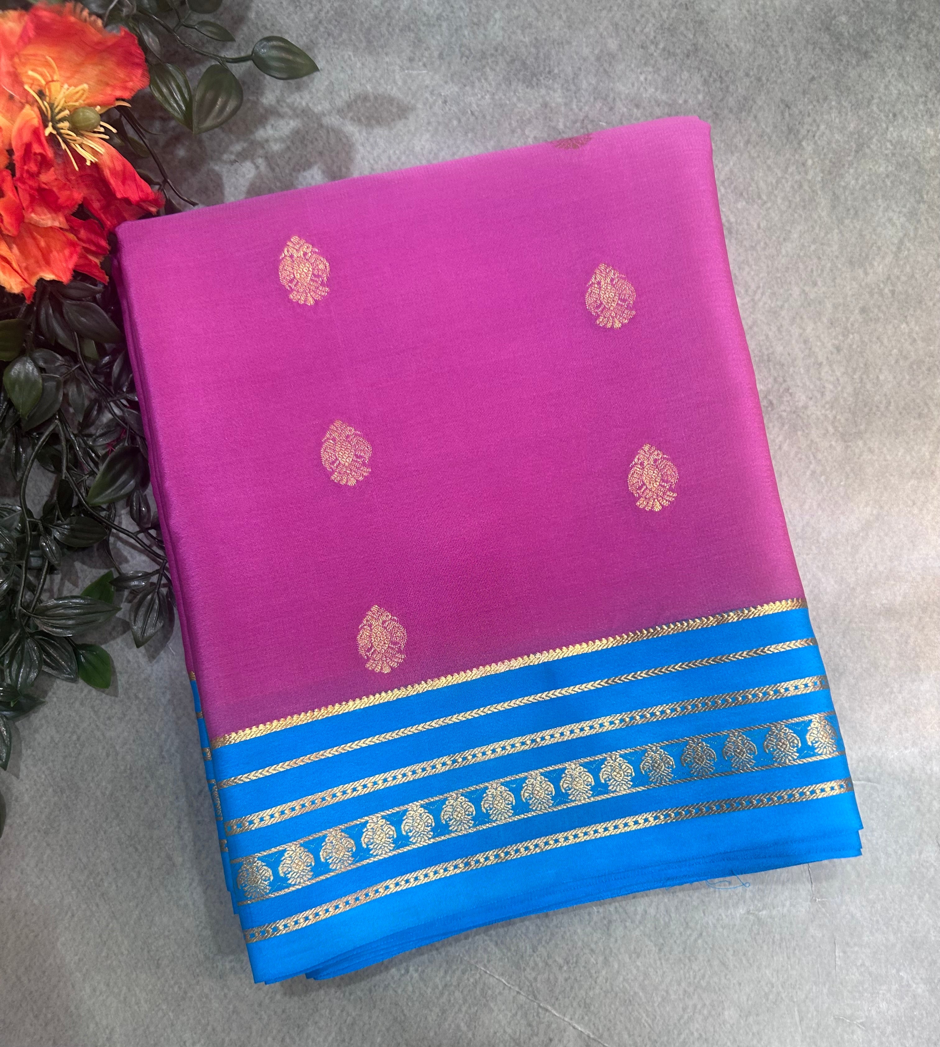 Onion pink stripes border pure Mysore silk 106 saree