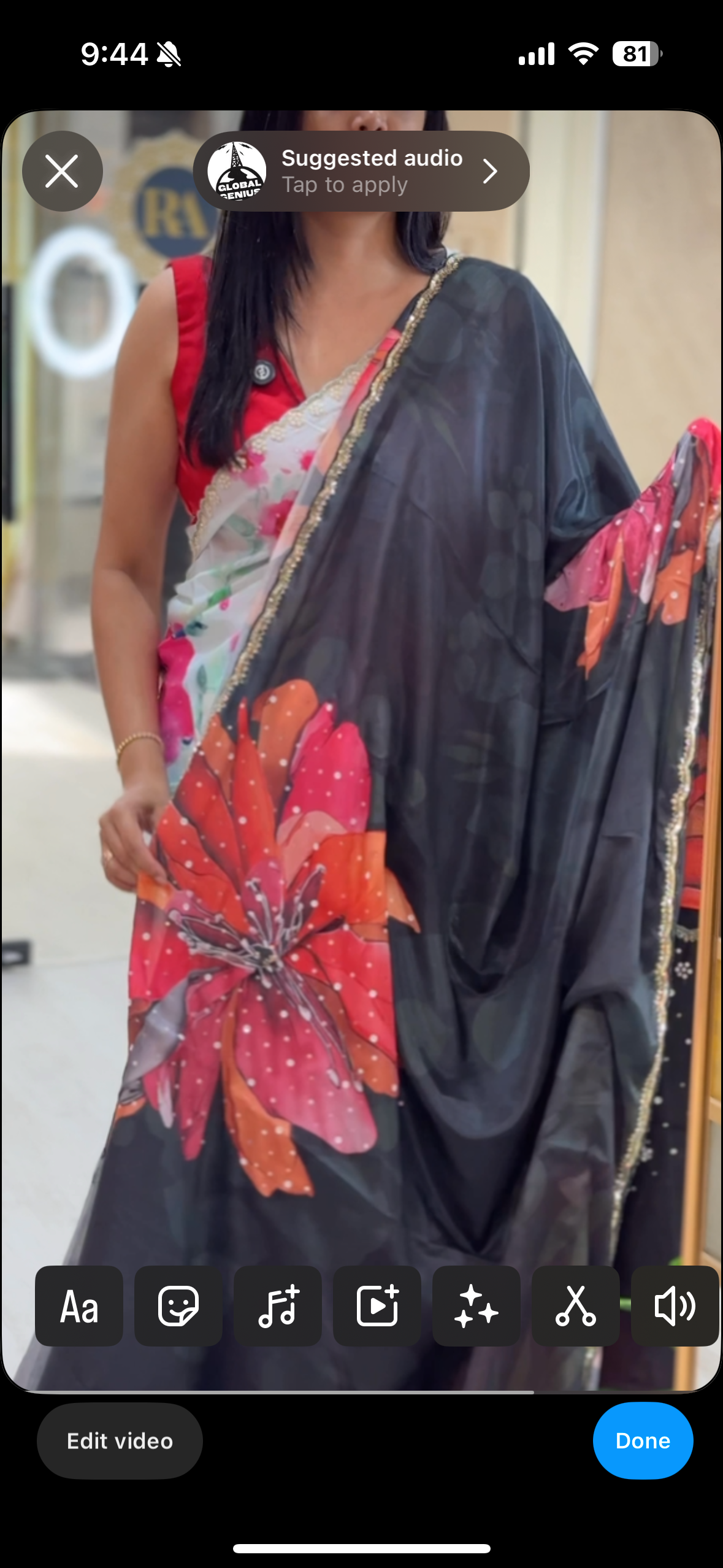 Black sequins work scallop border printed pure crepe party wear saree