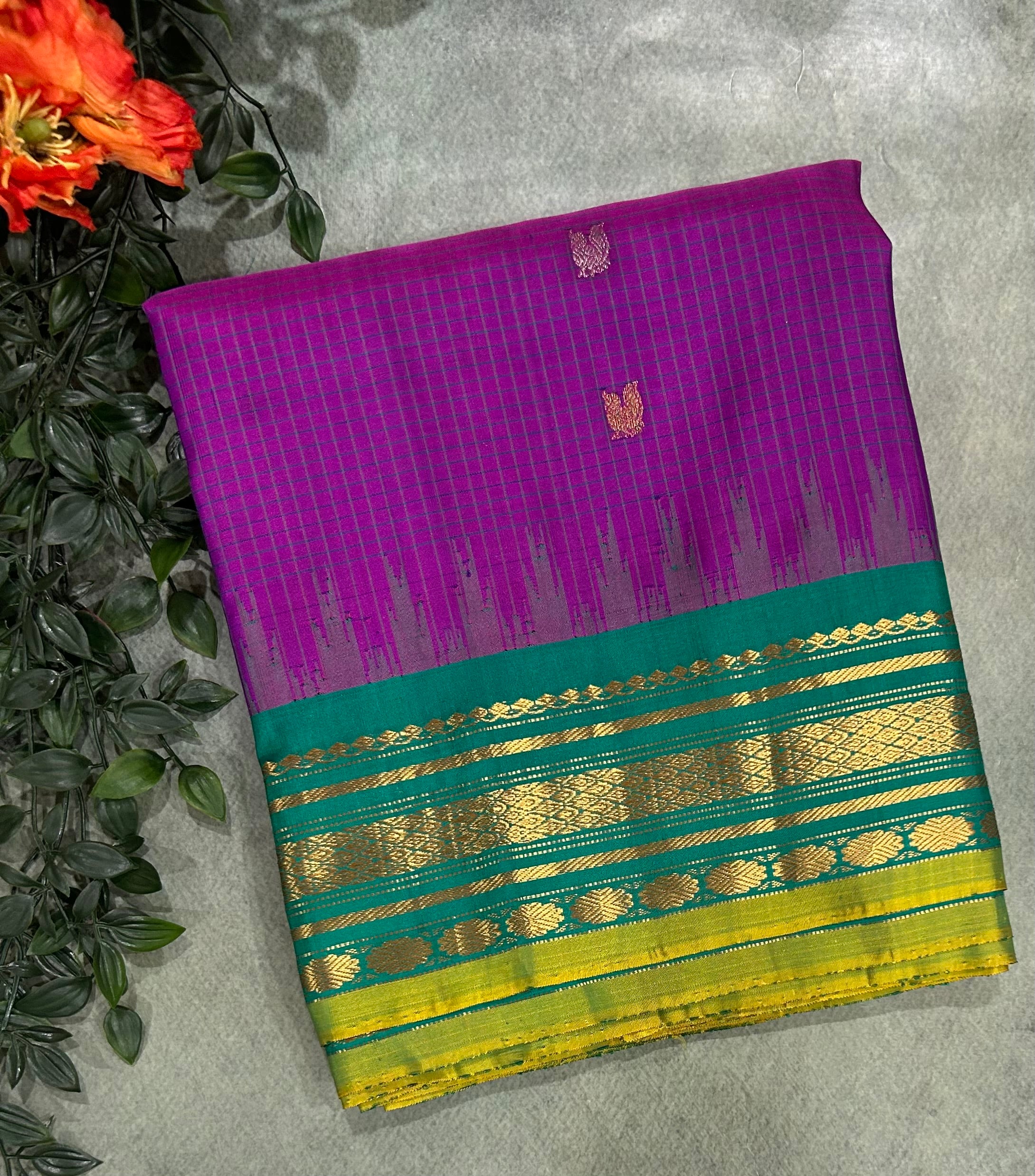 Purple n Rama green small border pure Gadwal saree