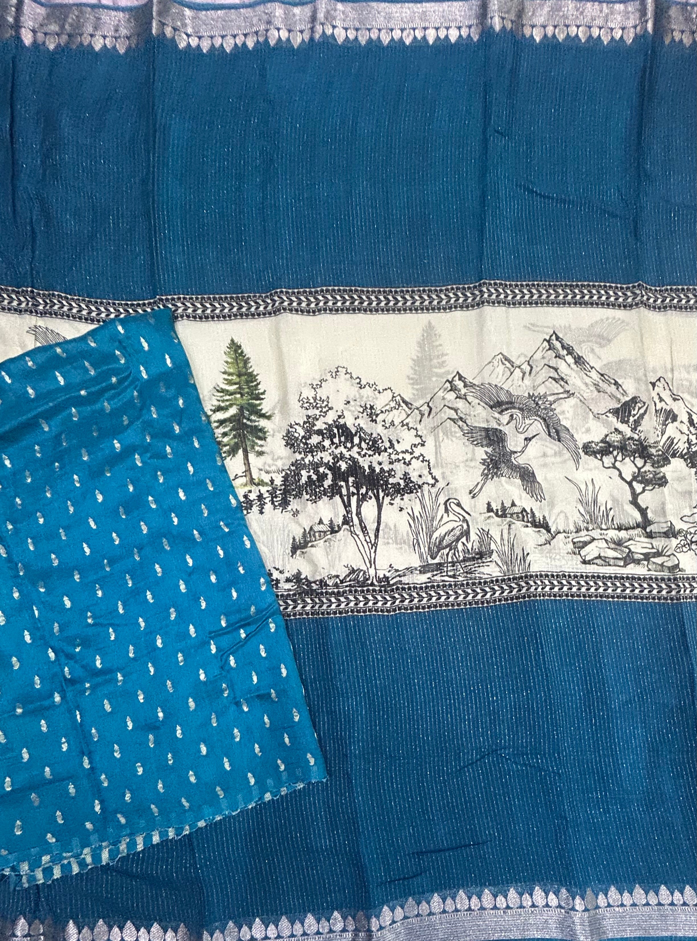 Peacock blue stripes, and printed saree