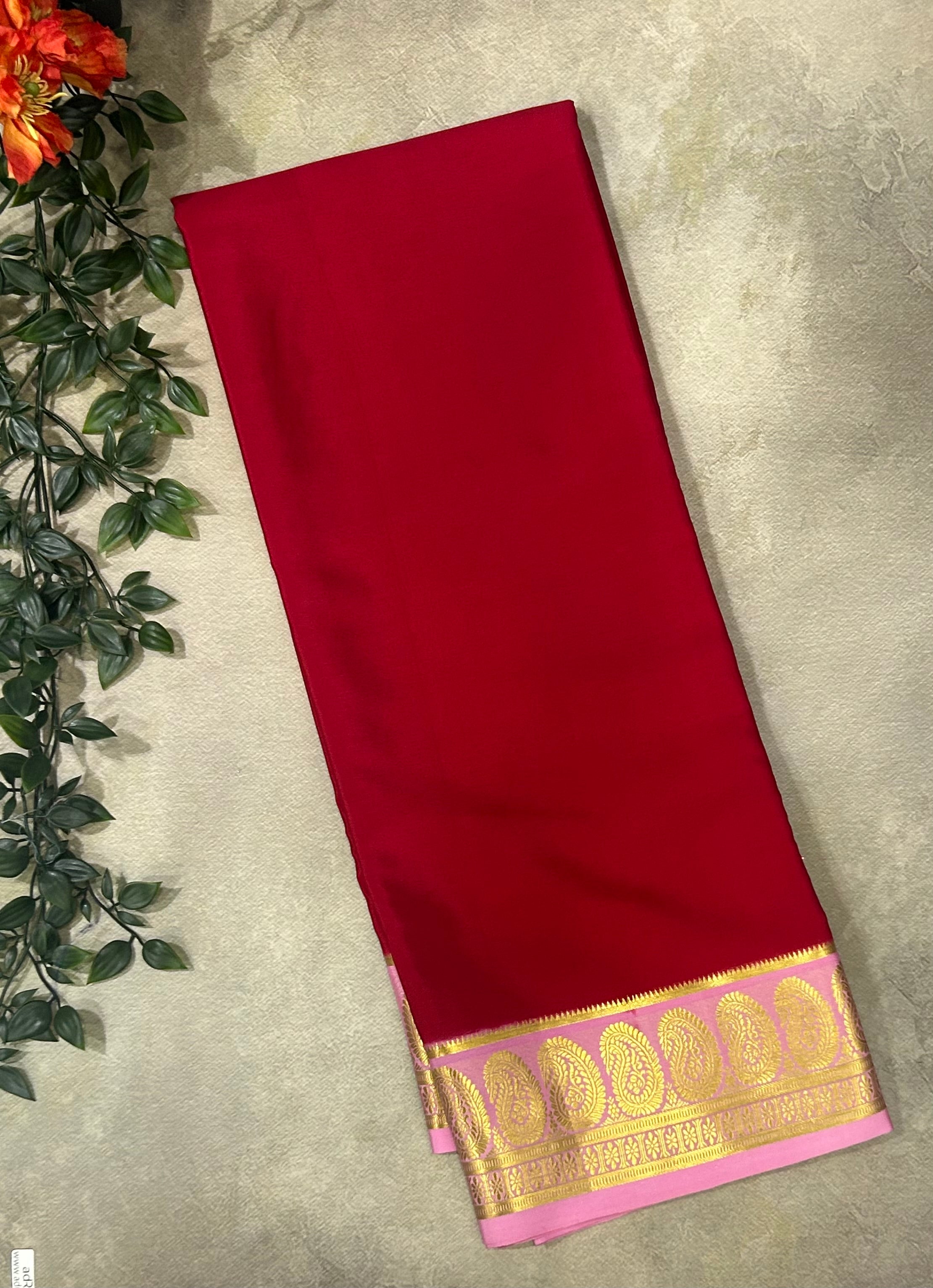 Red n pastel pink plain pure Mysore crepe silk saree