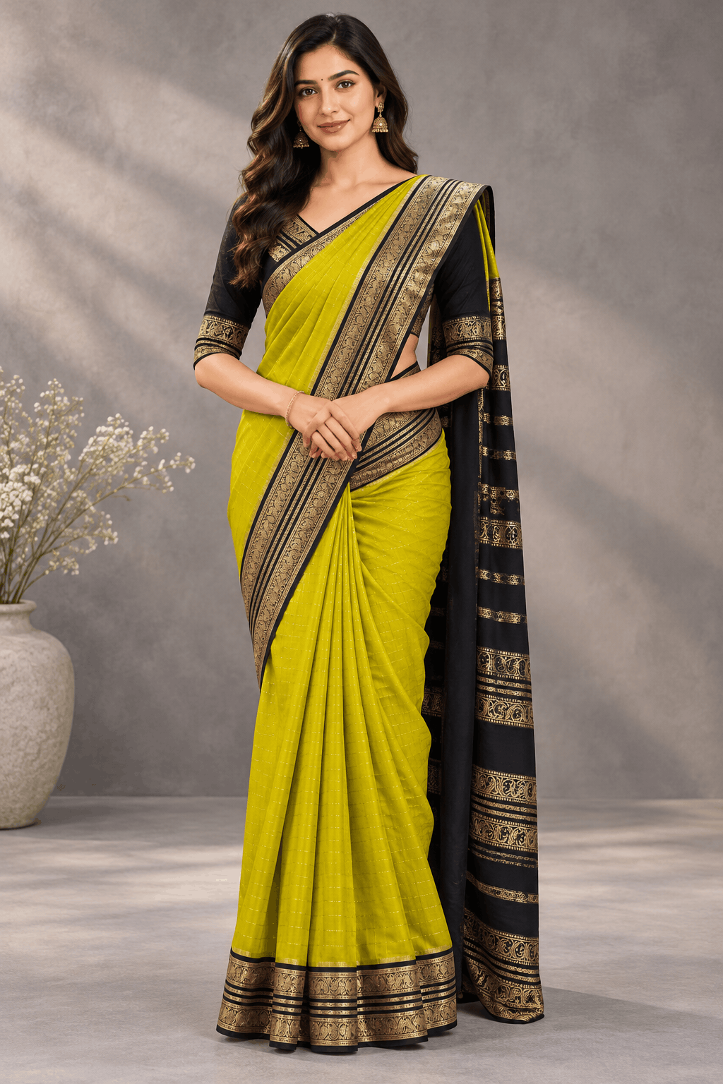 Yellow Checks Pure Mysore Crepe Silk Saree 110