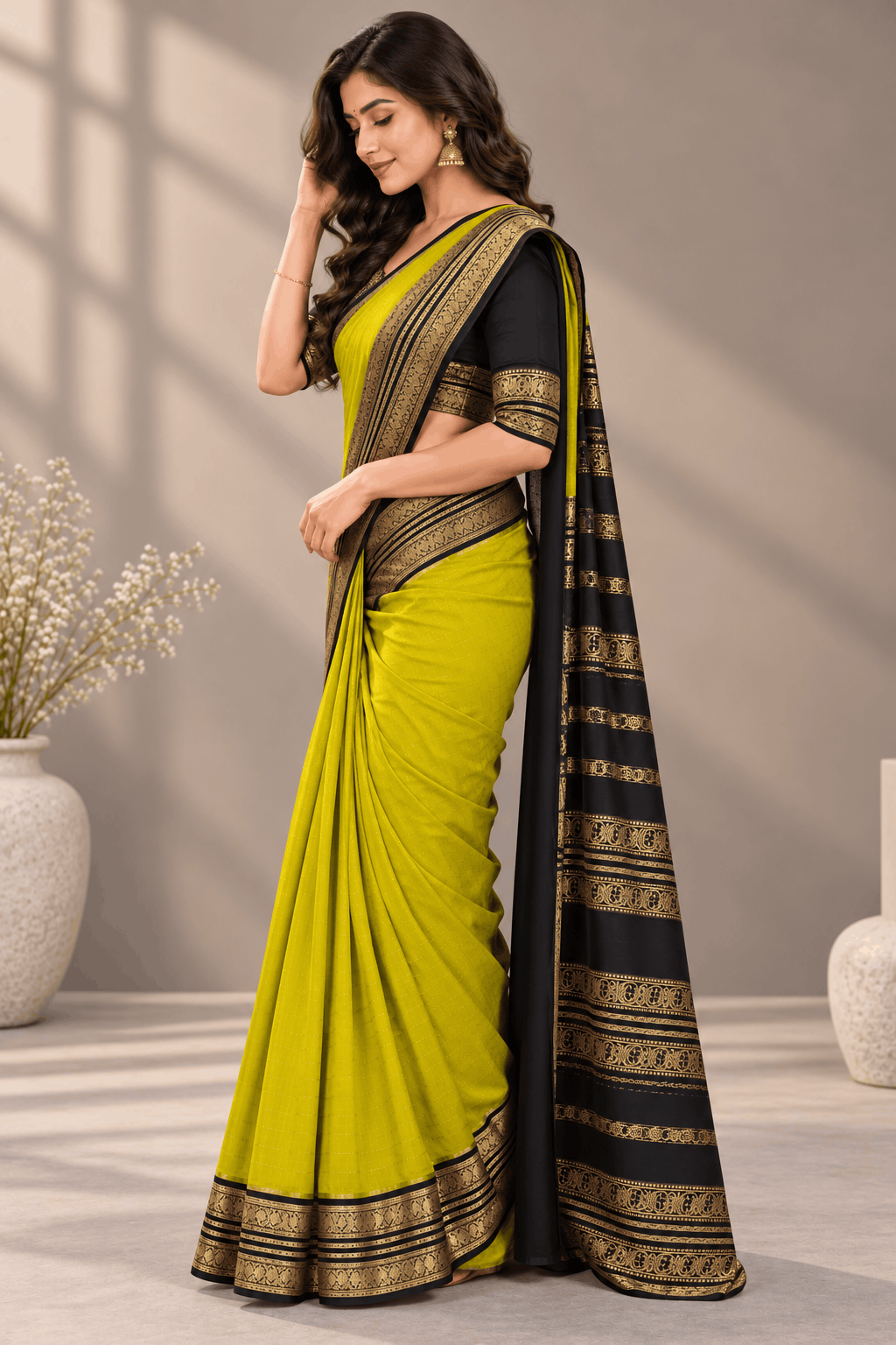 Yellow Checks Pure Mysore Crepe Silk Saree 110