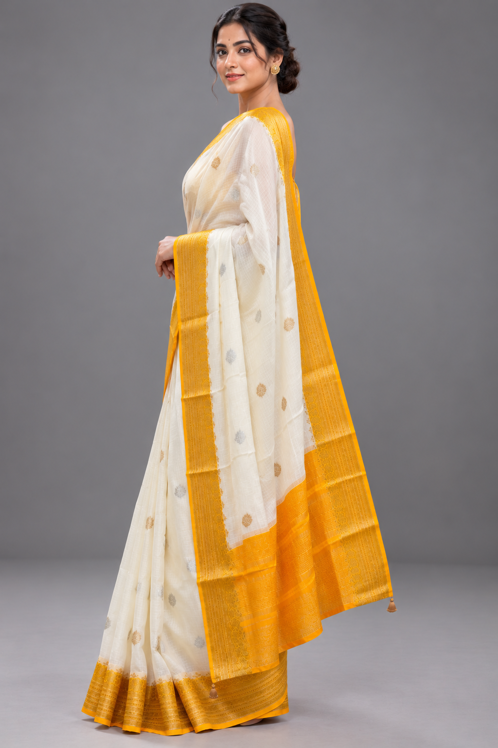 Cream n yellow kota checks Saree 111