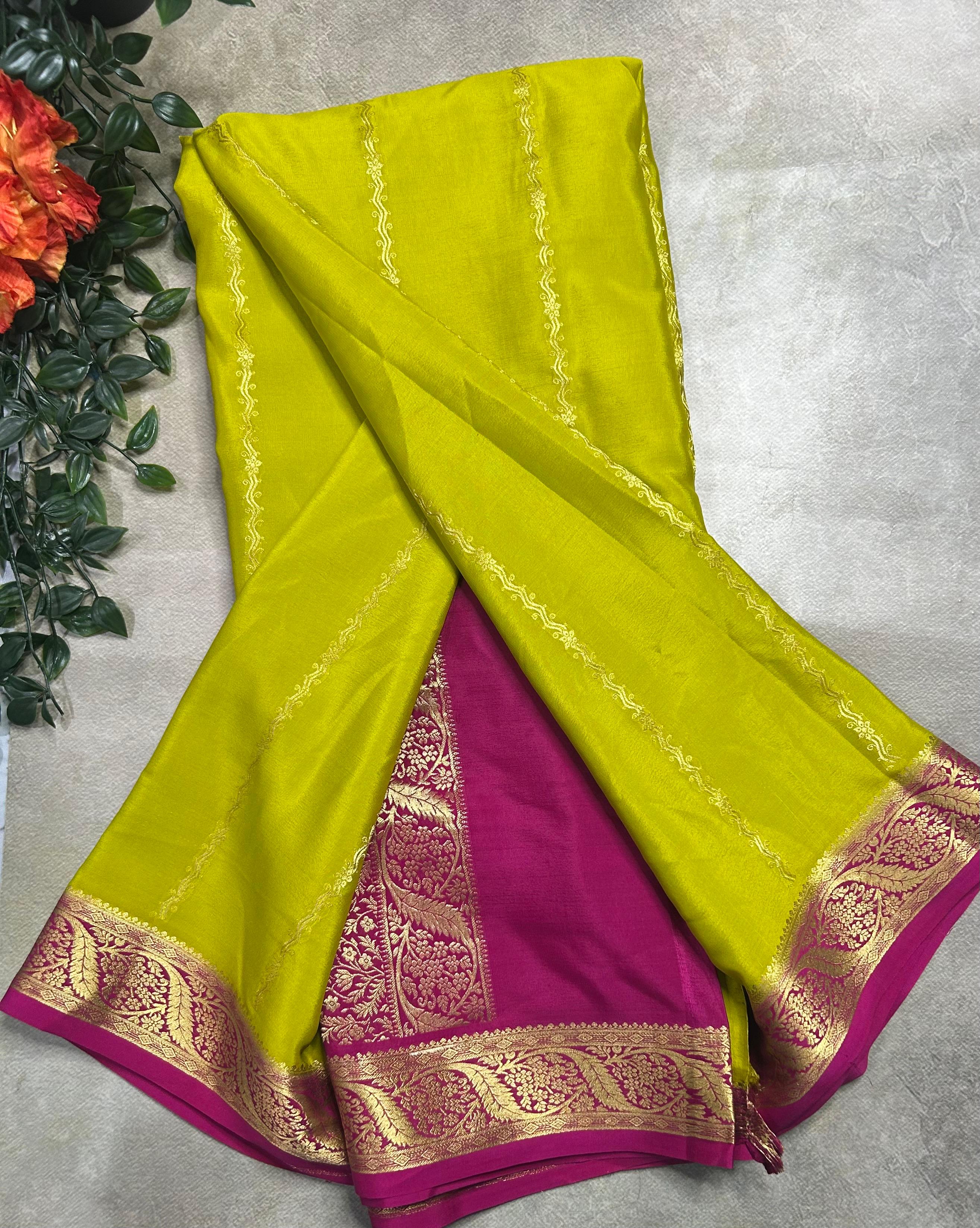Neon green stripes pure Mysore silk 106 saree