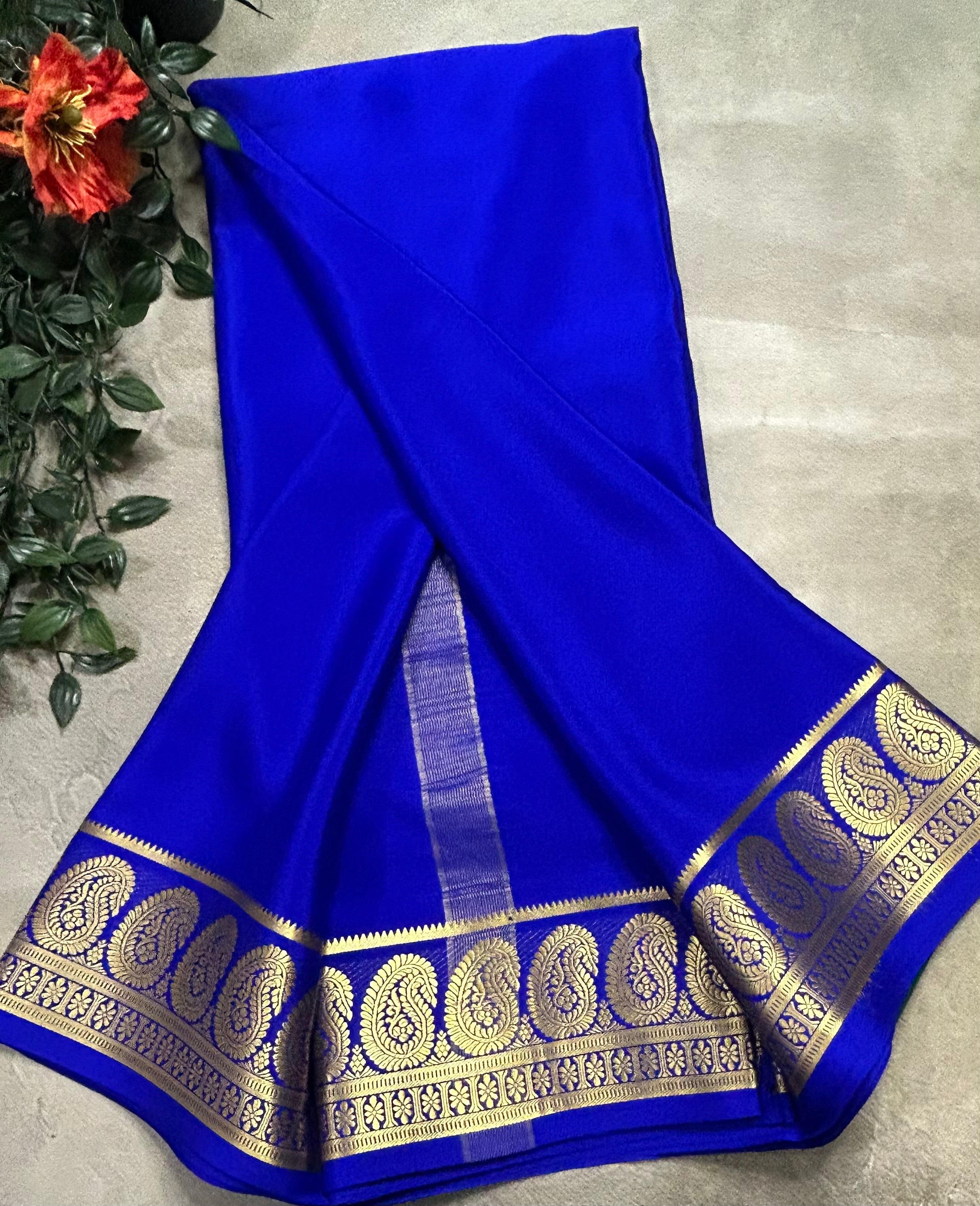 Royal blue plain mango border pure Mysore silk 105 saree