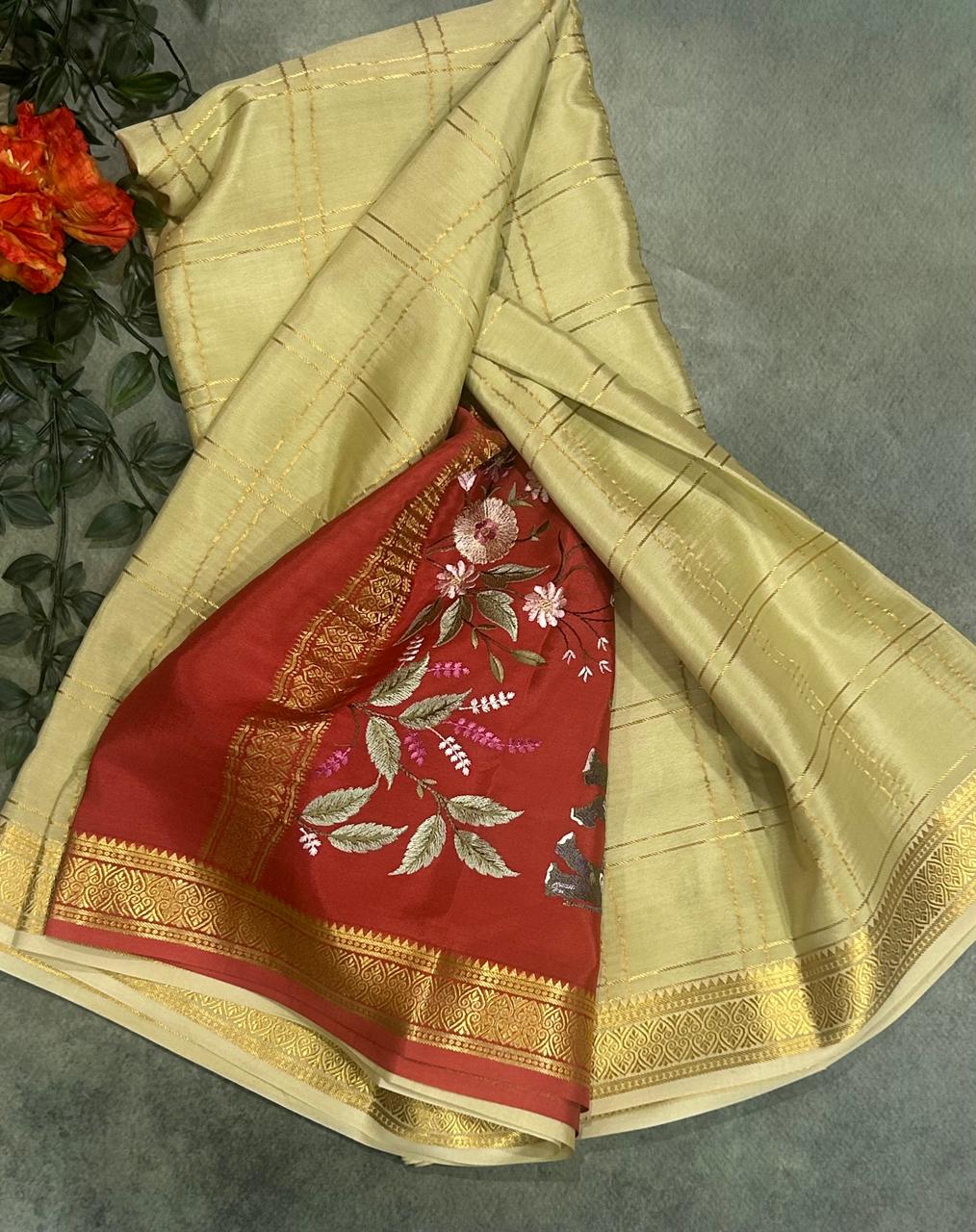 Beige 1 embrodiery checks pure Mysore crepe silk 103 saree