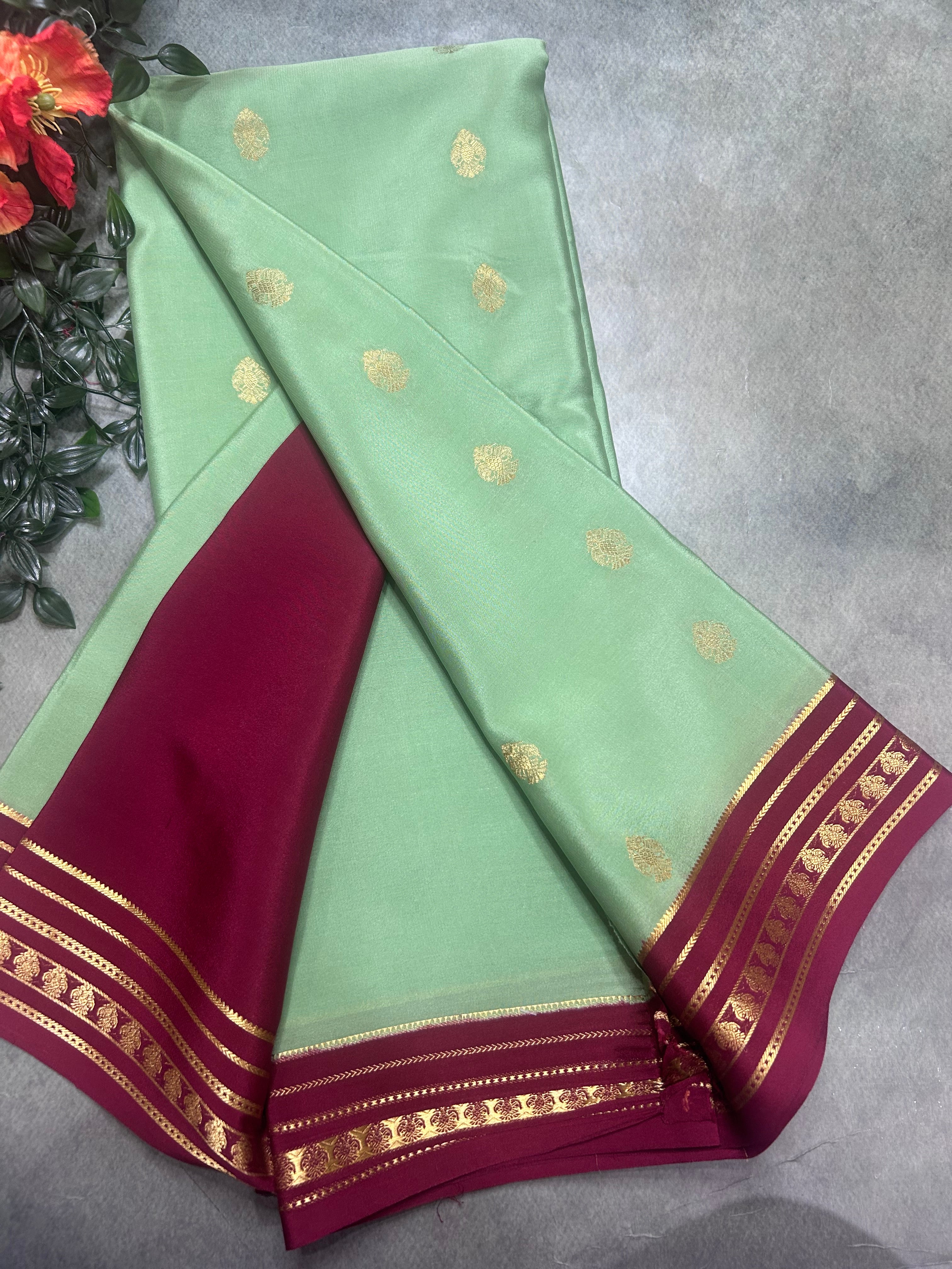 Pista green stripes border pure Mysore silk 106 saree