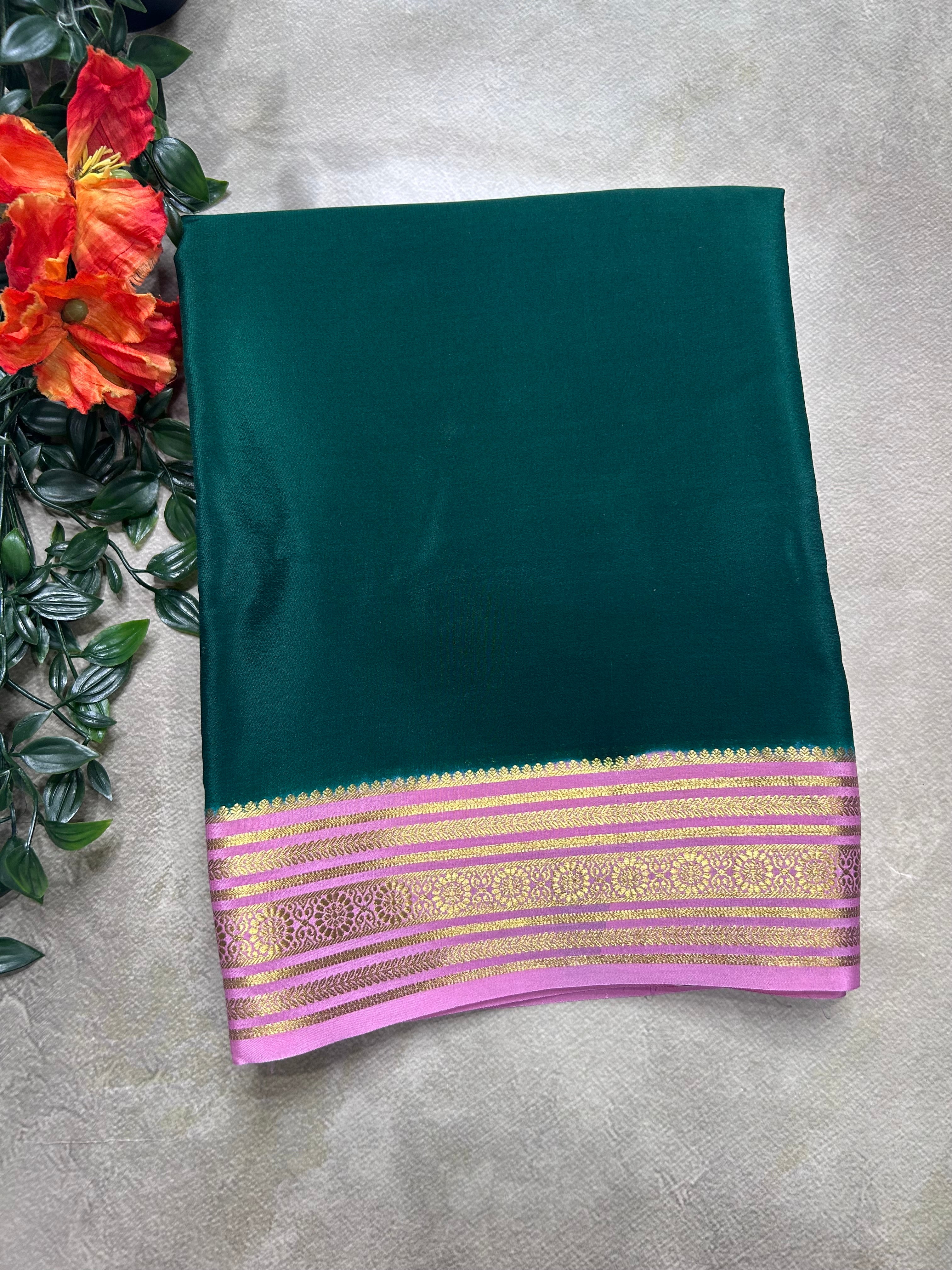 Bottle green small border pure mysore silk saree(MSC106)