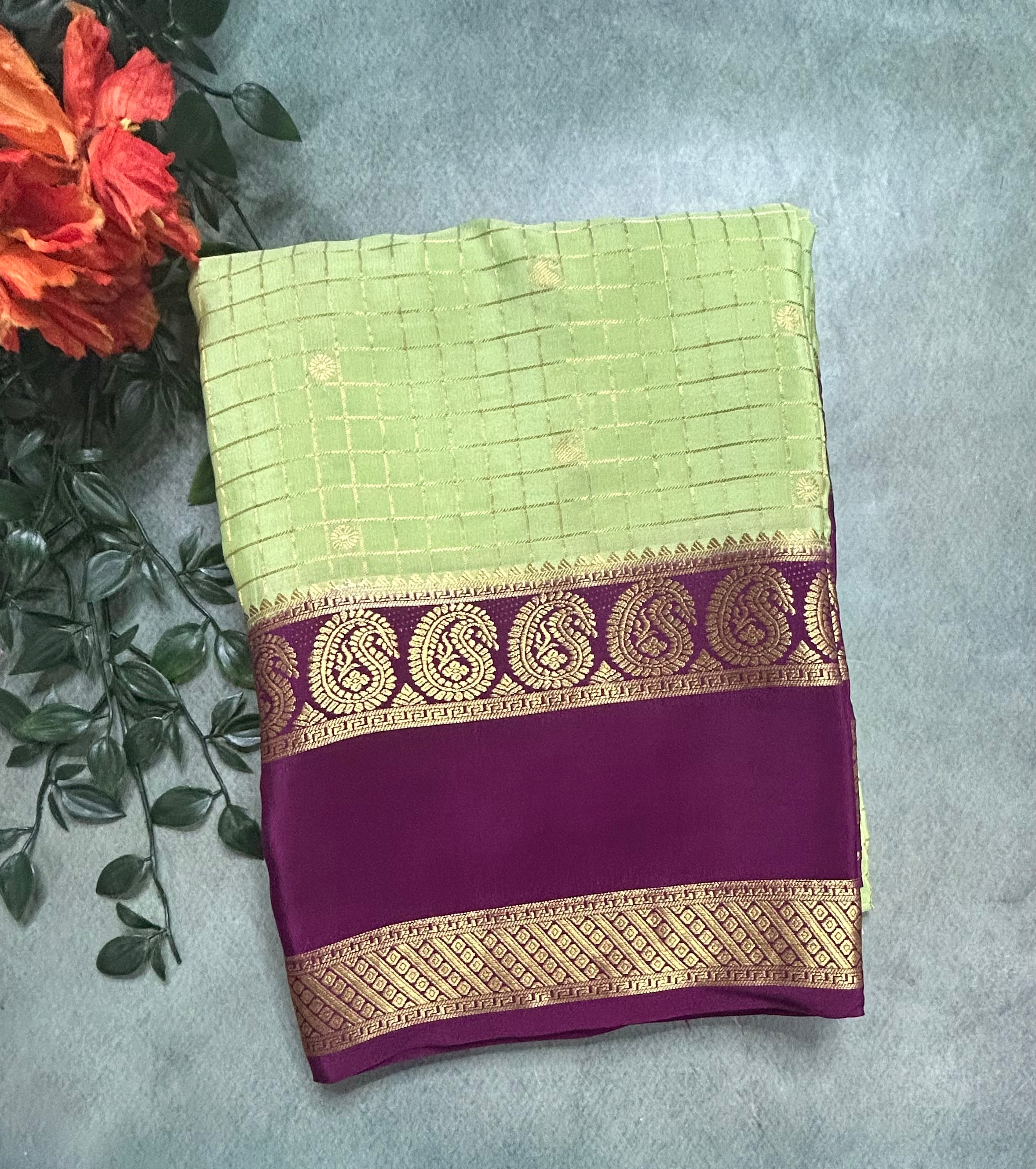Pista green small checks pure Mysore silk 105 saree