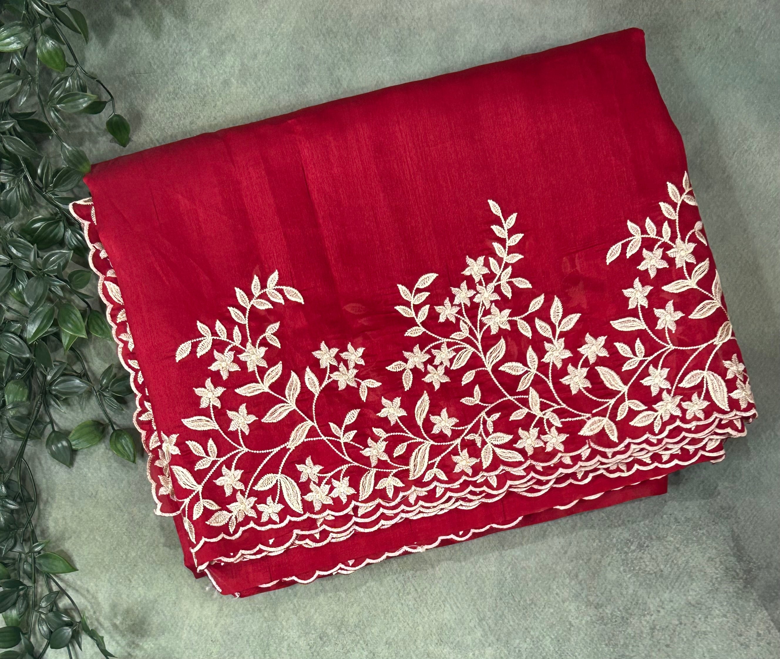 Red embroidery work semi Tussar crepe saree