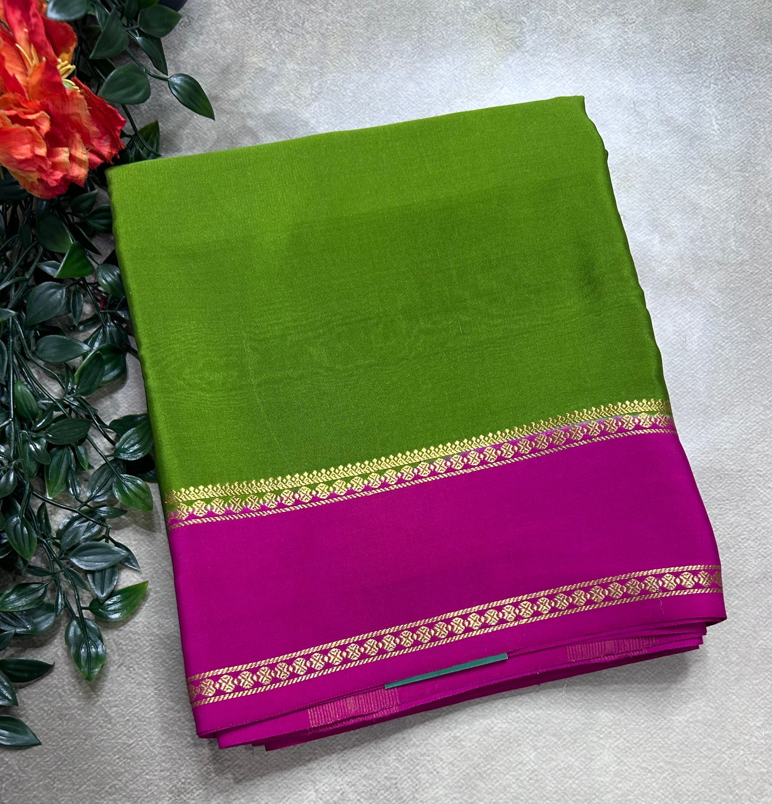 Light green n pink plain bentex border pure mysore silk saree(BMS105)
