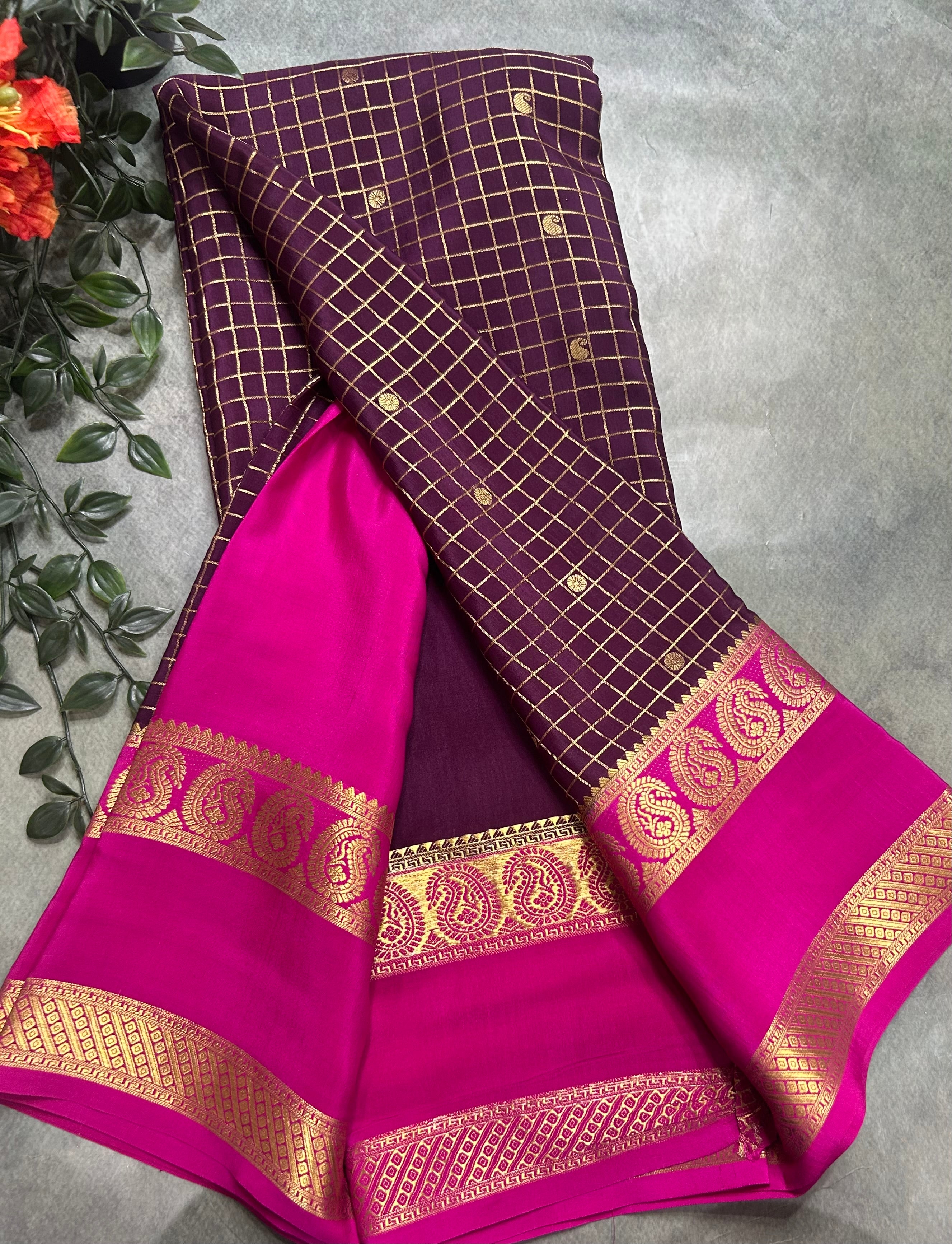 Wine small checks pure Mysore silk 105 saree