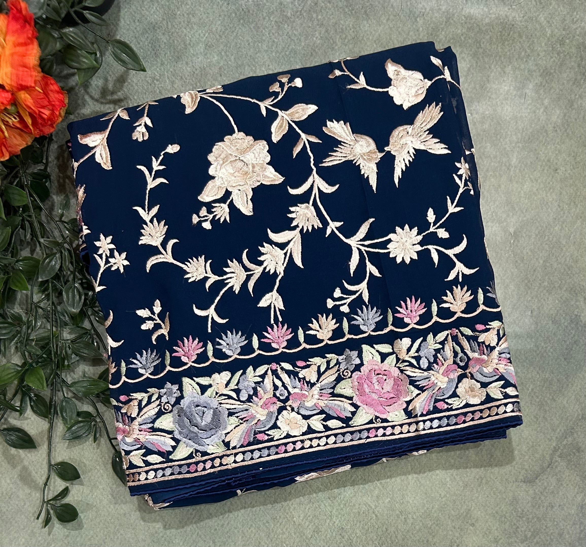 Peacock blue parsi  embroidery georgette parsi 104 saree