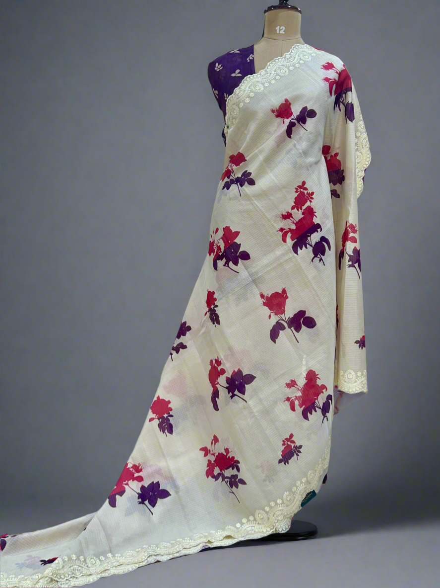 Cream floral digital print Kota checks 08 saree