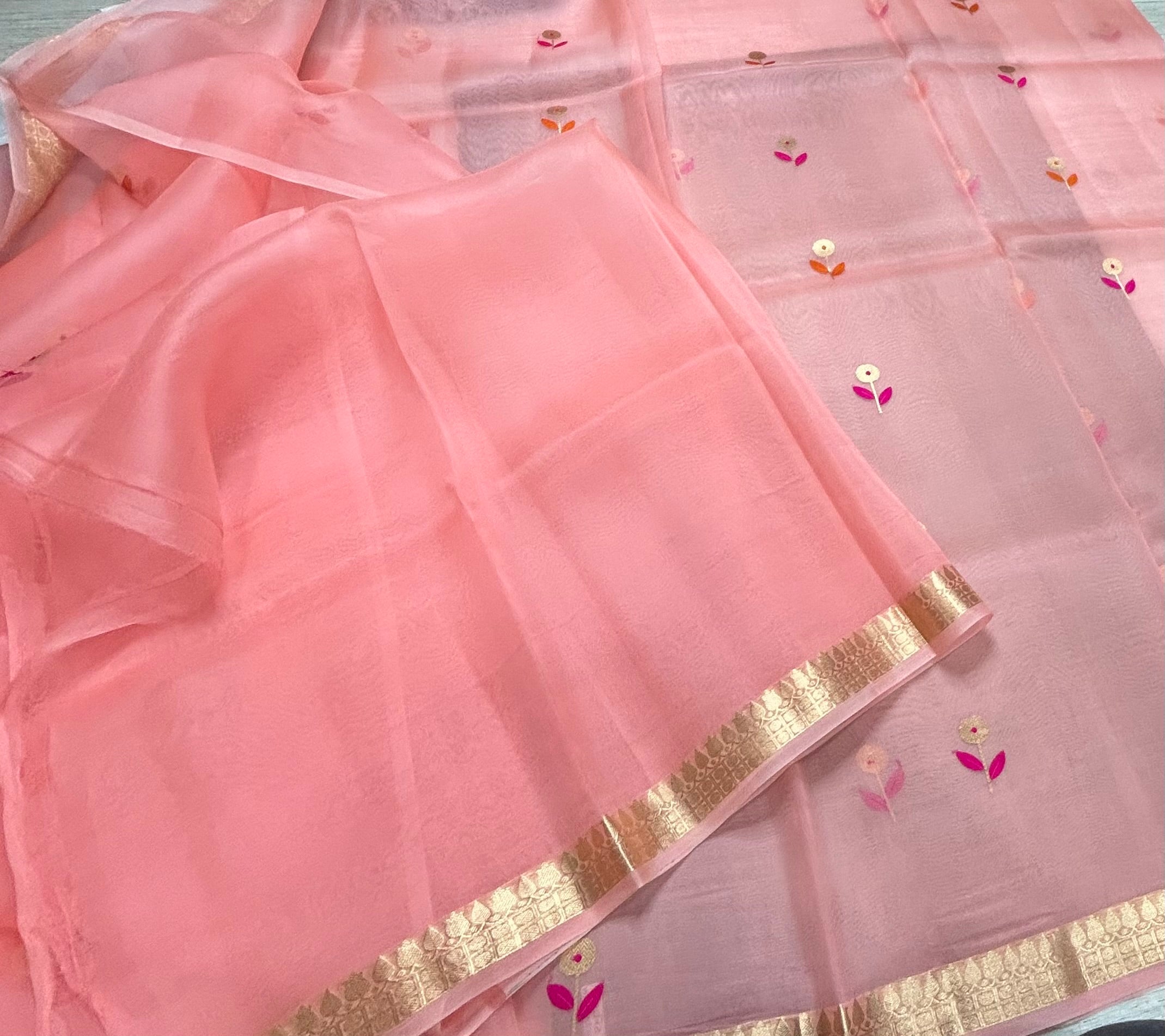 Pastel pink pure kora 105 organza silk saree