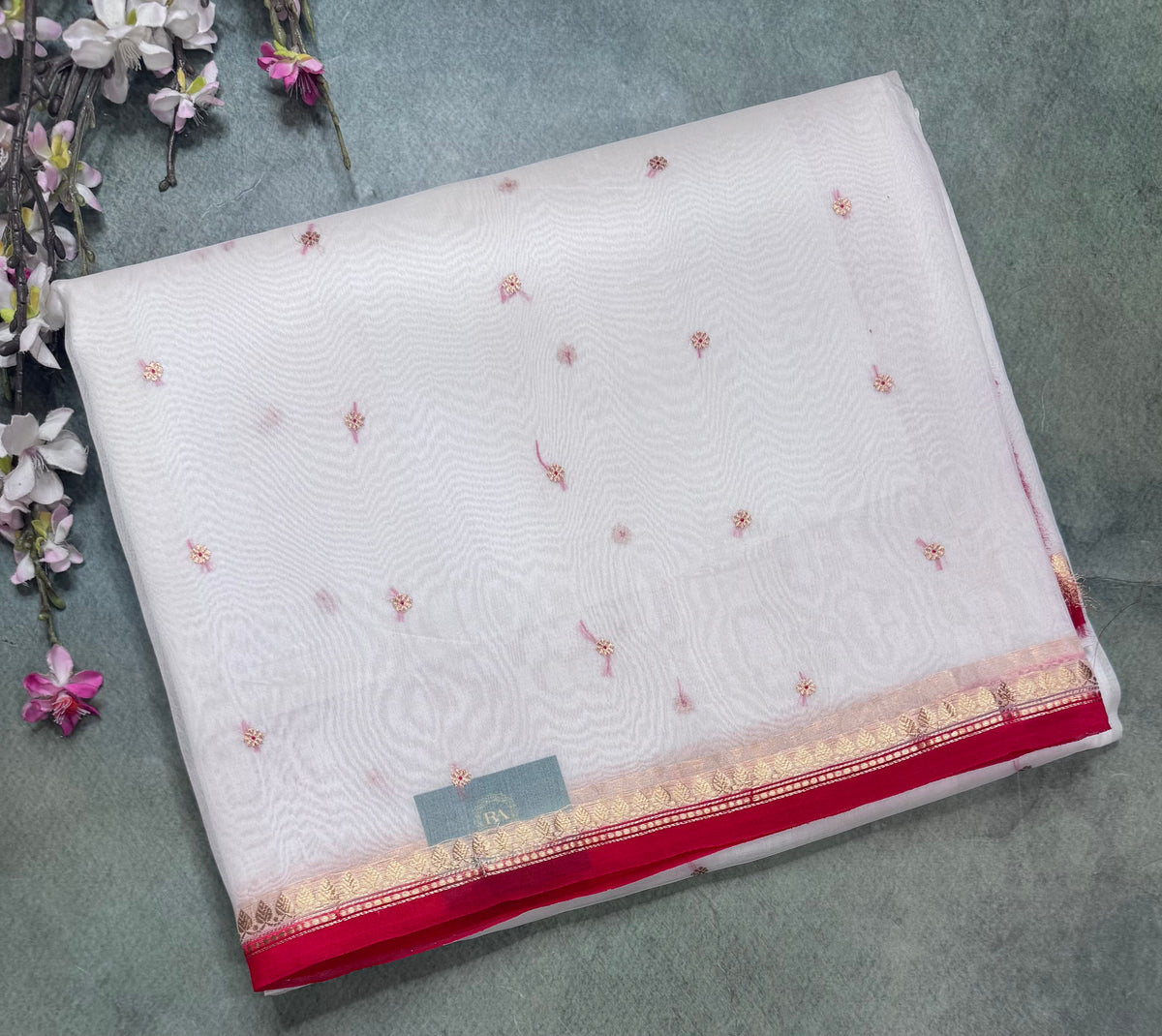 White n red pure Kora Organza Saree 111