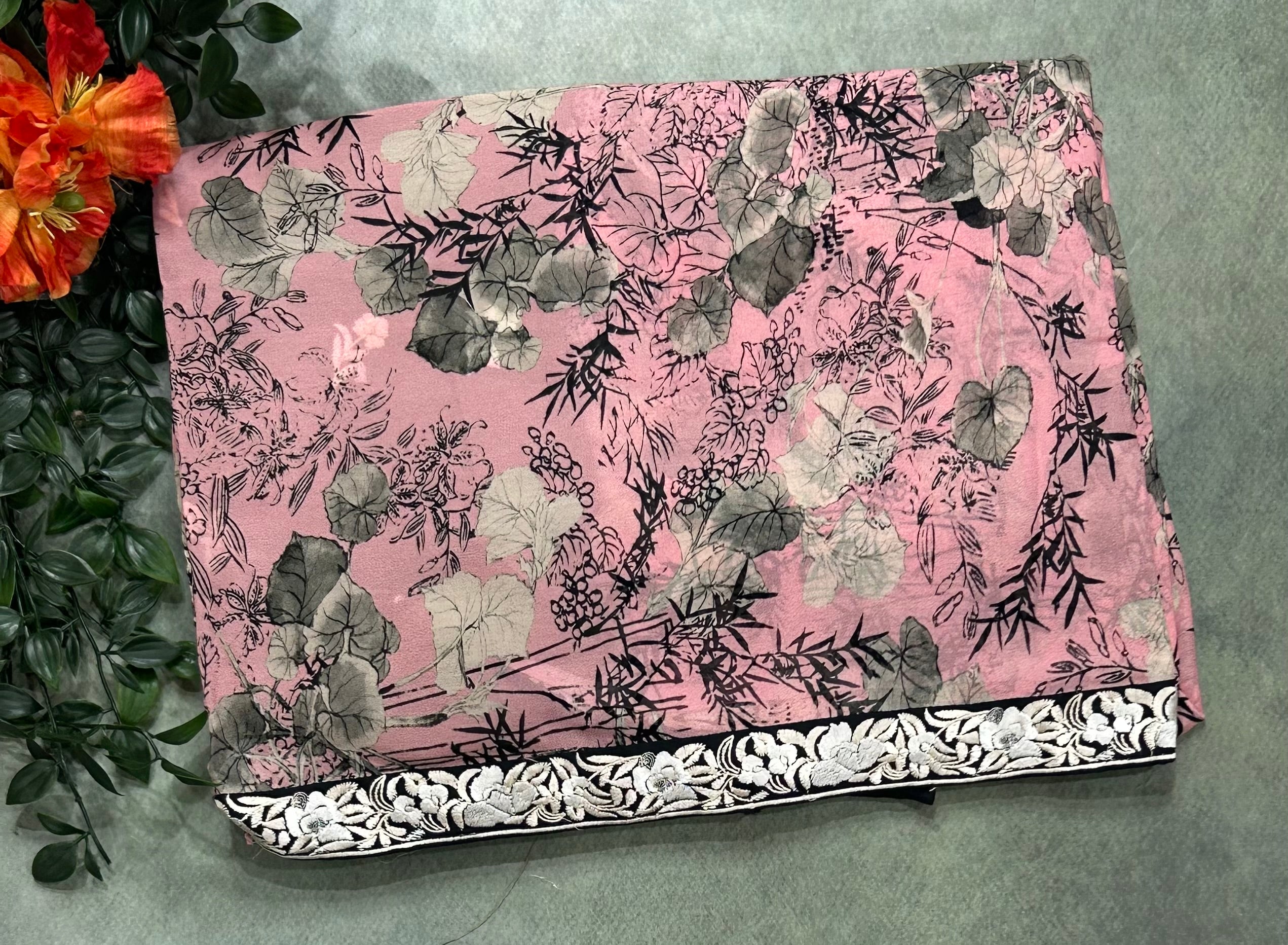 Pastel pink digital printed border 104 chinnon saree