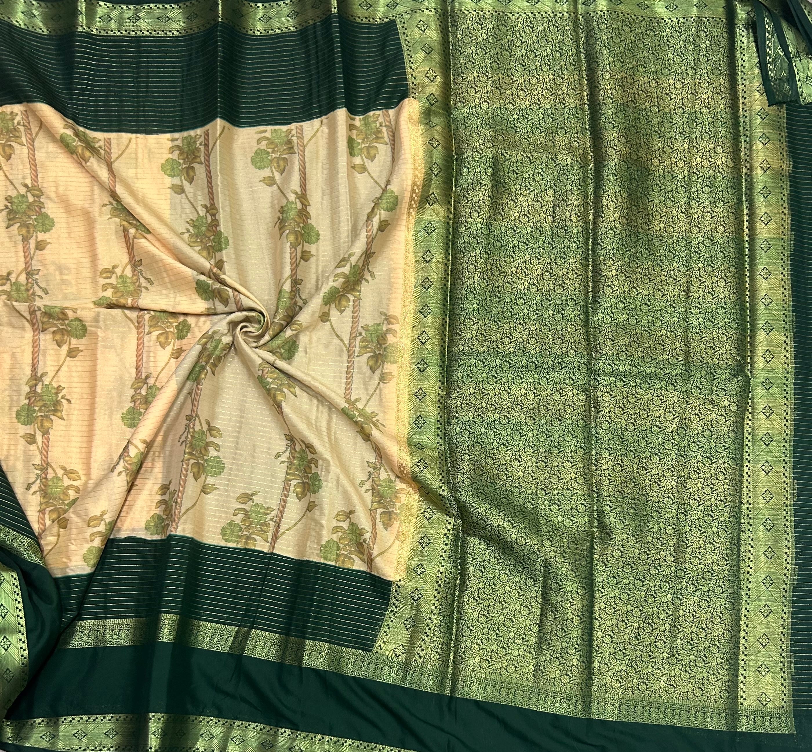 Peach and bottle green stripes border Semi Mysore Crepe saree