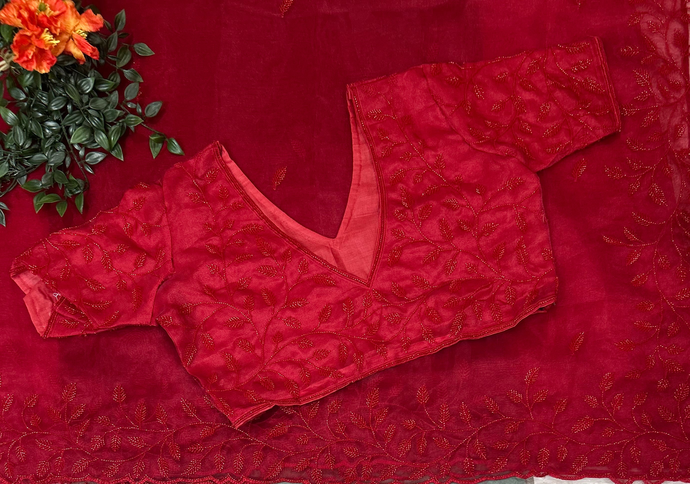 Red stone work party wear with stitched blouse-10 saree