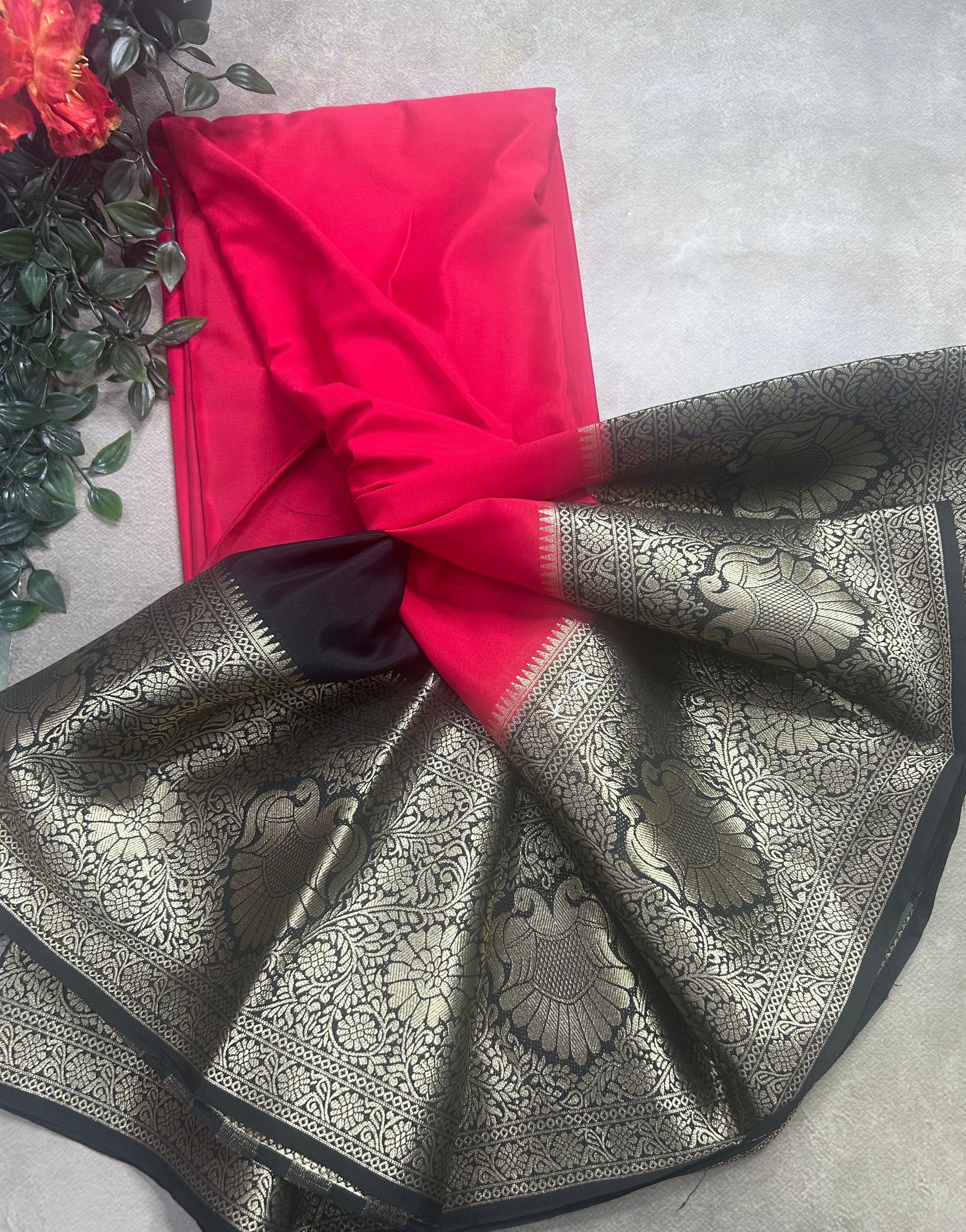 Red contrast long border soft semi Mysore crepe 106 saree