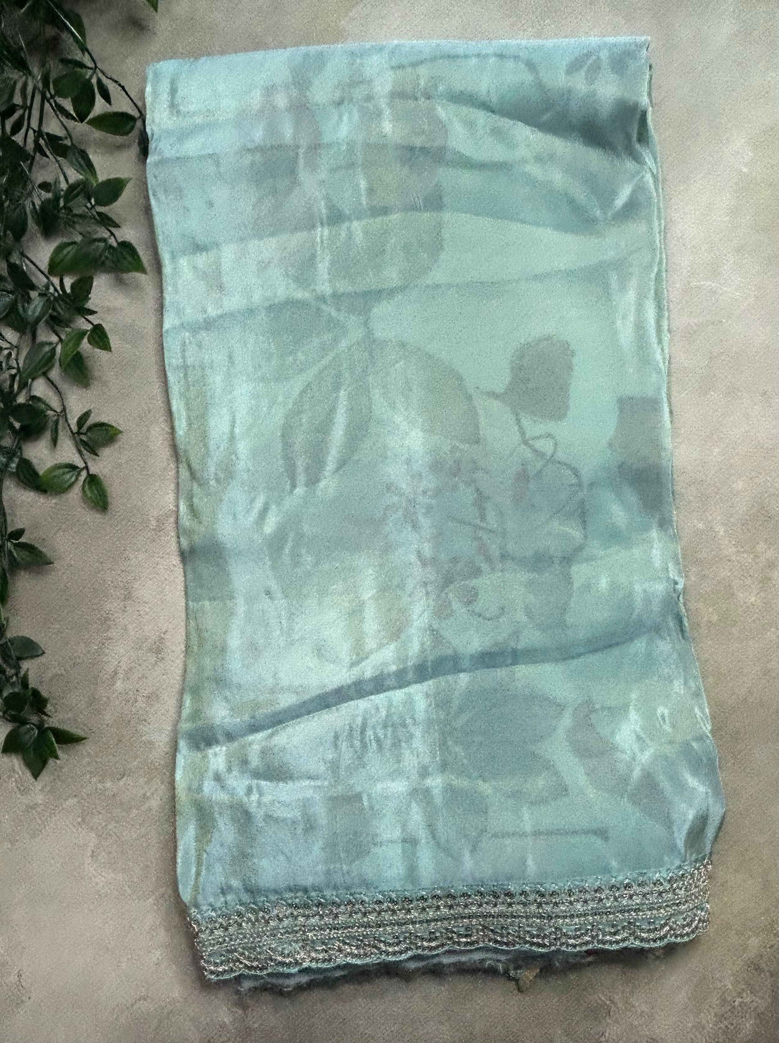 Pastel blue plain tissue party wear scallop border saree