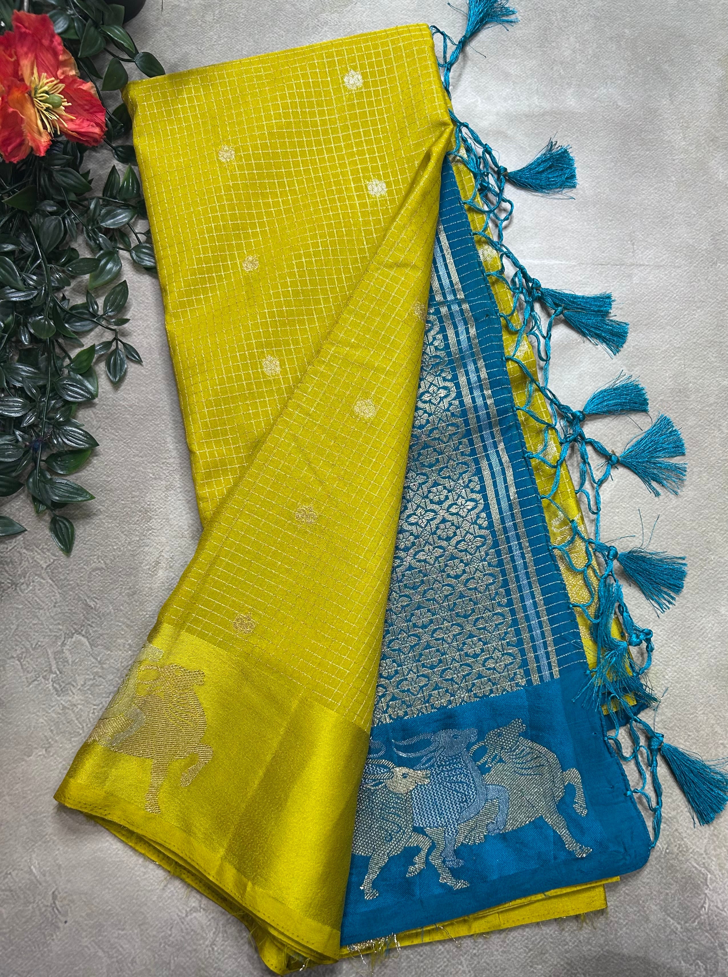 Neon green small checks semi Mysore crepe 106 saree