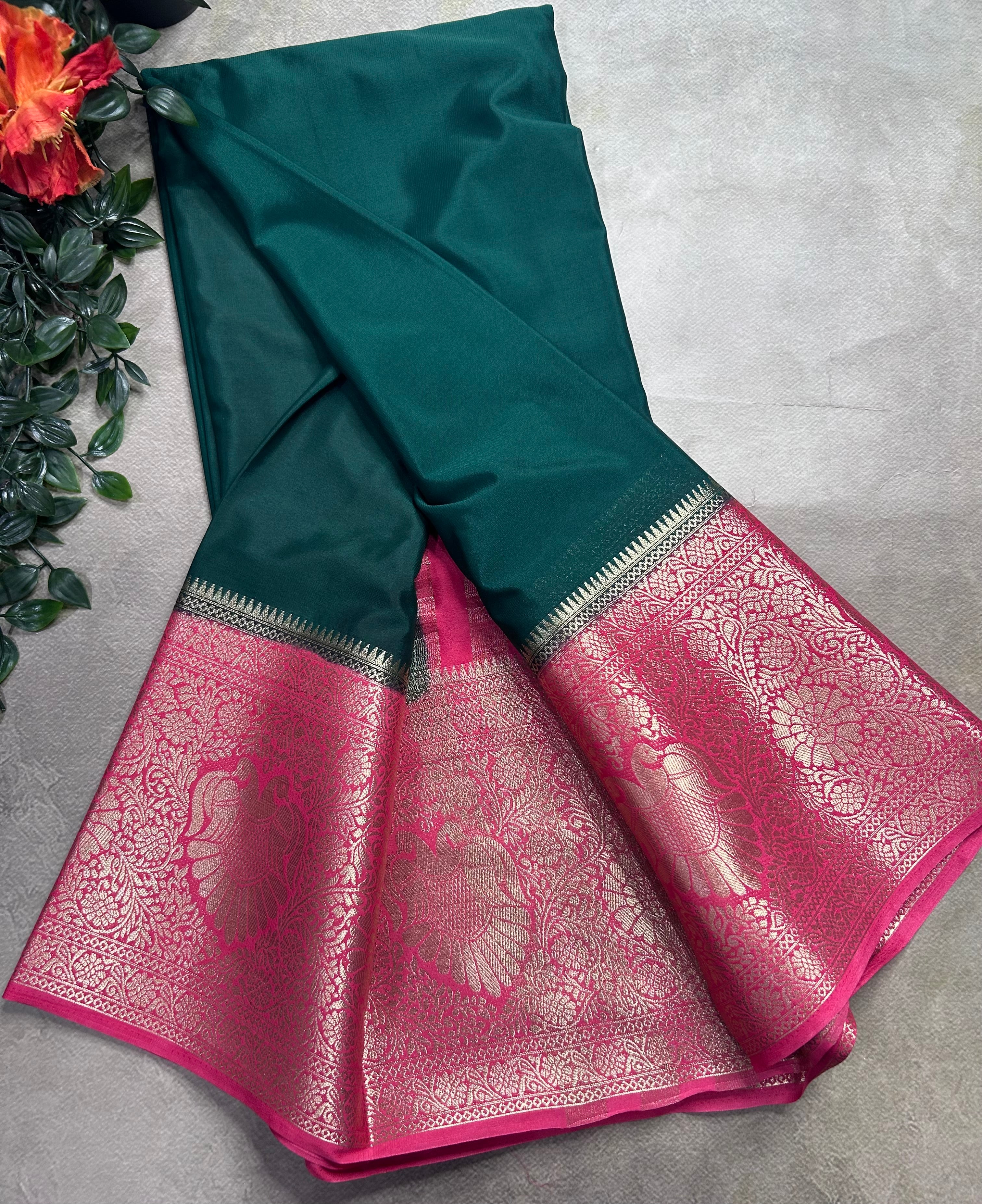 Bottle green contrast long border soft semi Mysore crepe 106 saree