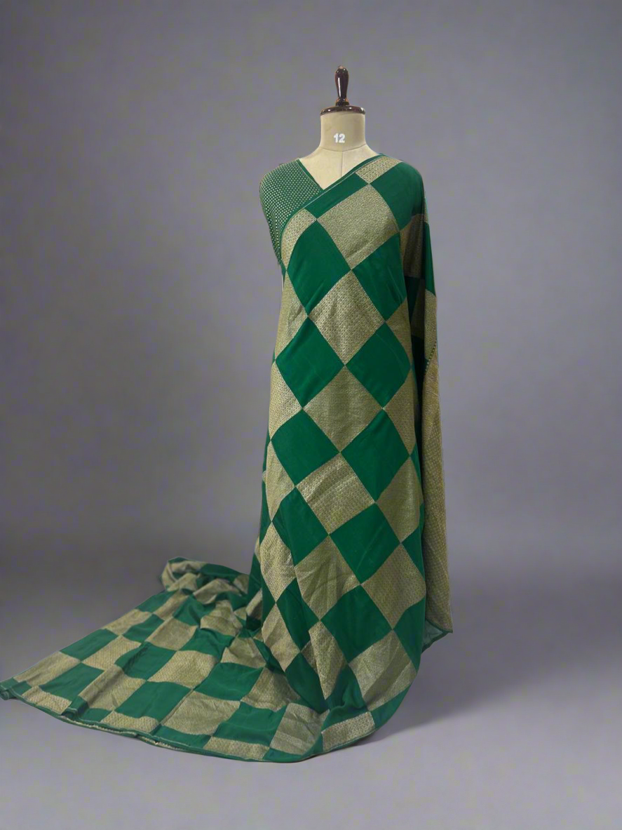 Bottle green big checks-08 pure banaras crepe silk saree
